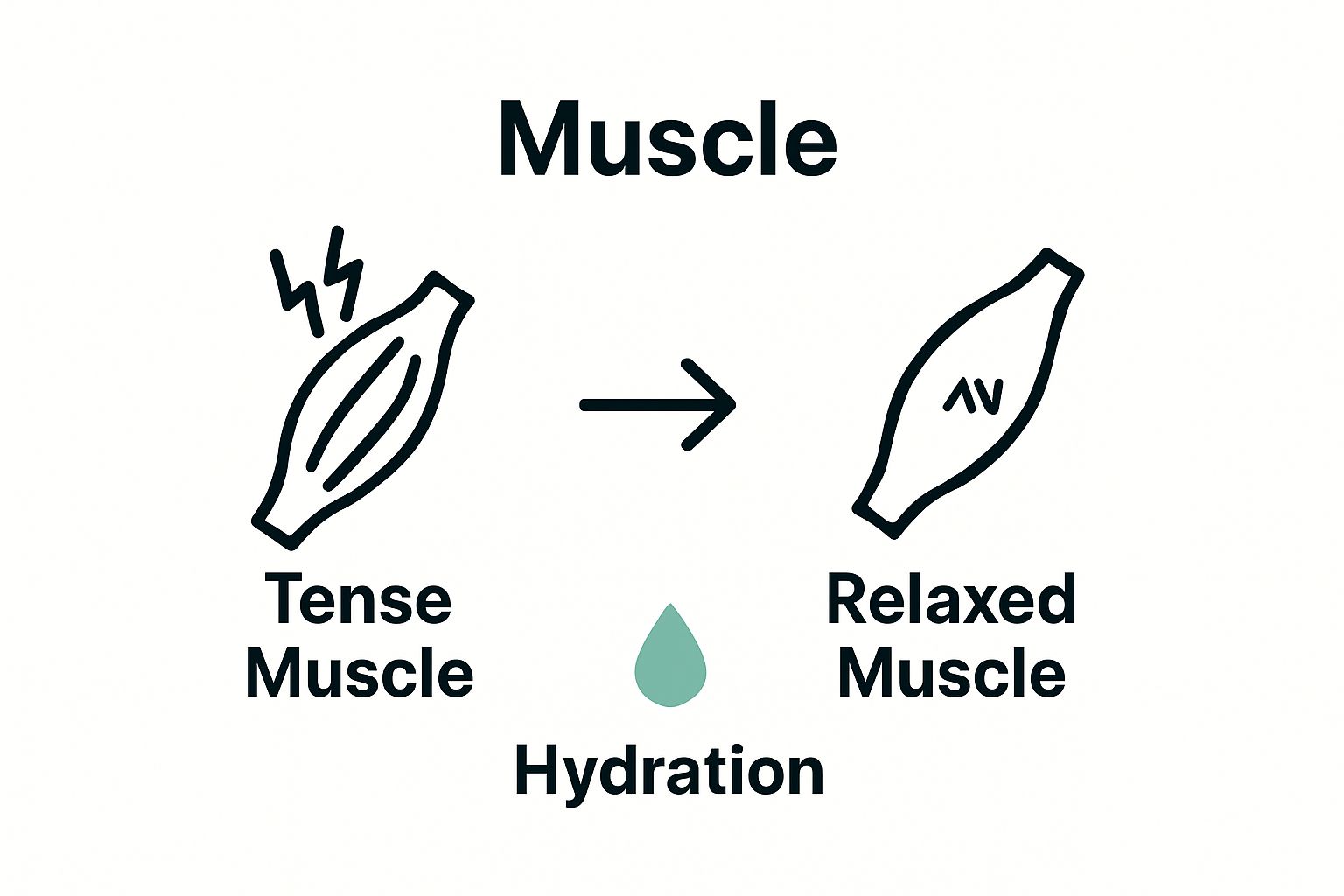 Infographic showing muscle tension before and relaxed state after massage, plus water drop for hydration