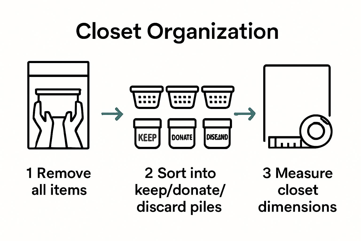 Infographic: bathroom closet declutter and assess process; three key visual steps shown.