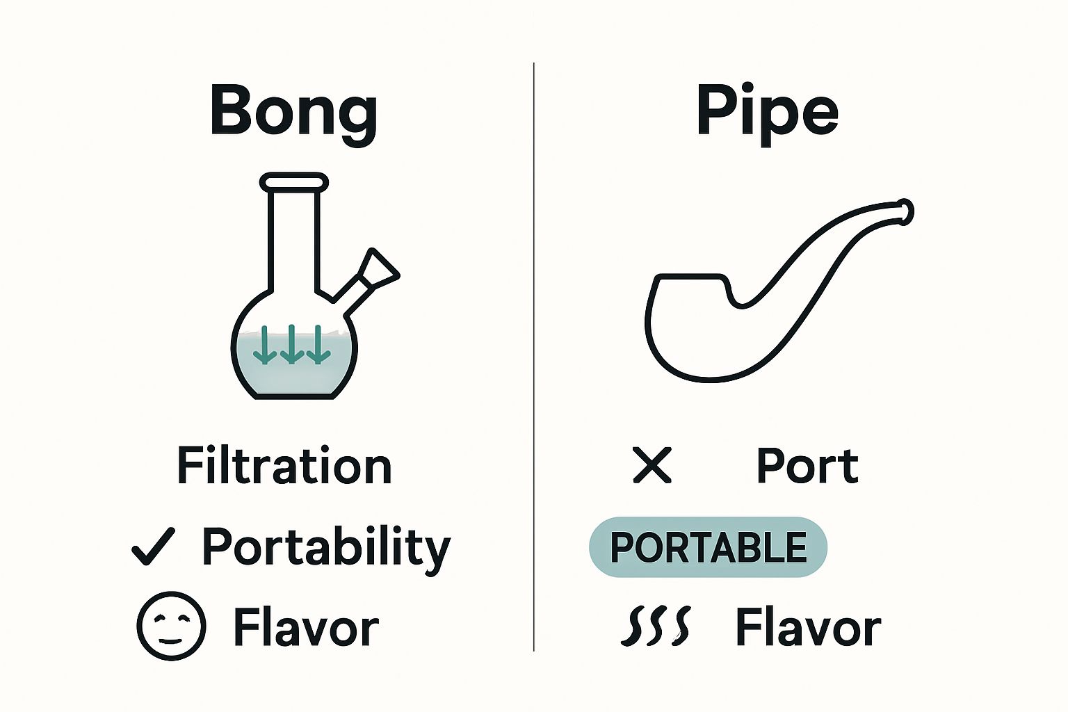 Simple infographic: Bong vs Pipe filtration, portability, flavor