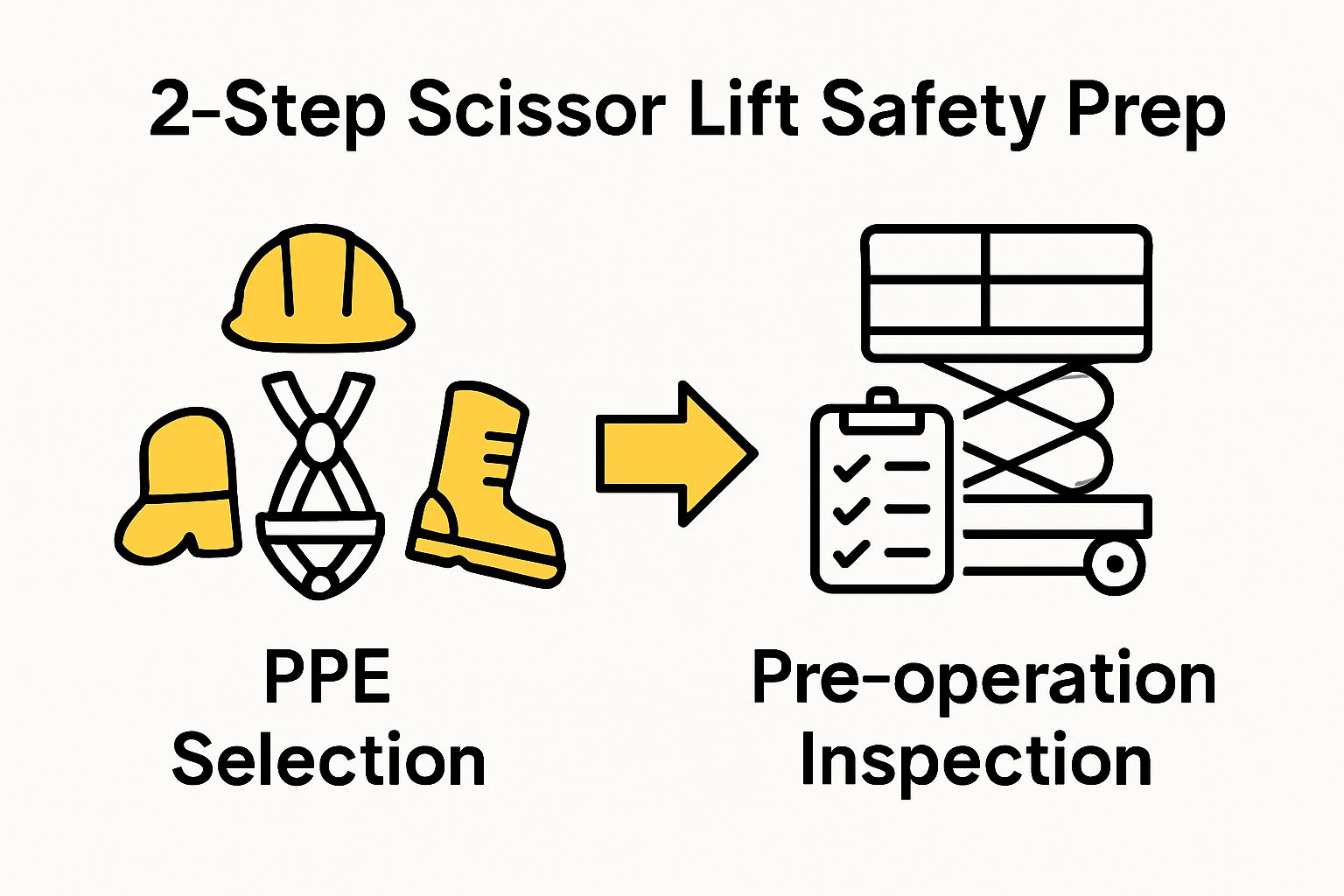 Simple two-step scissor lift safety prep infographic: PPE and inspection