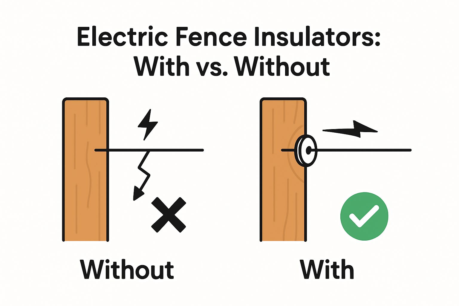 Infographic comparing fence wire contact with vs. without insulator on wooden post