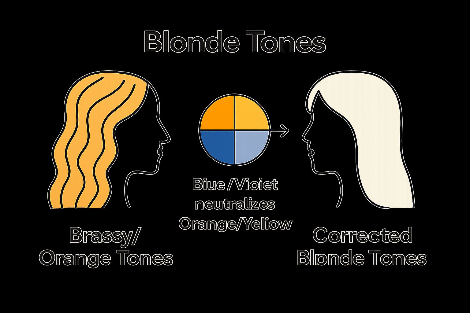 Infographic comparing brassy hair tones to corrected blonde tones