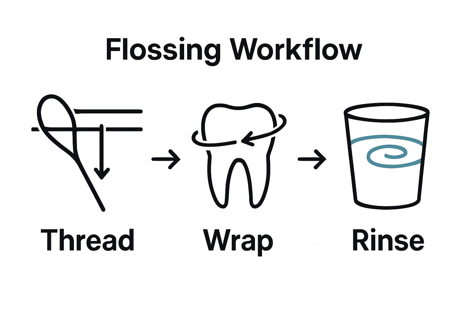 Three-step braces flossing infographic showing threader, flossing, and rinsing