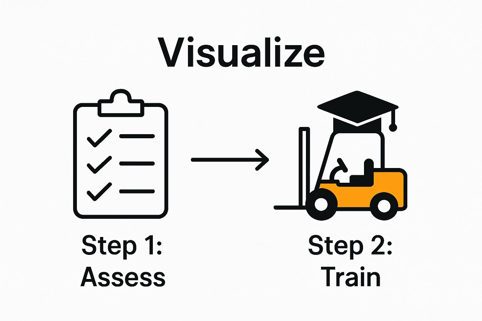 Infographic showing forklift certification workflow steps: assess and train