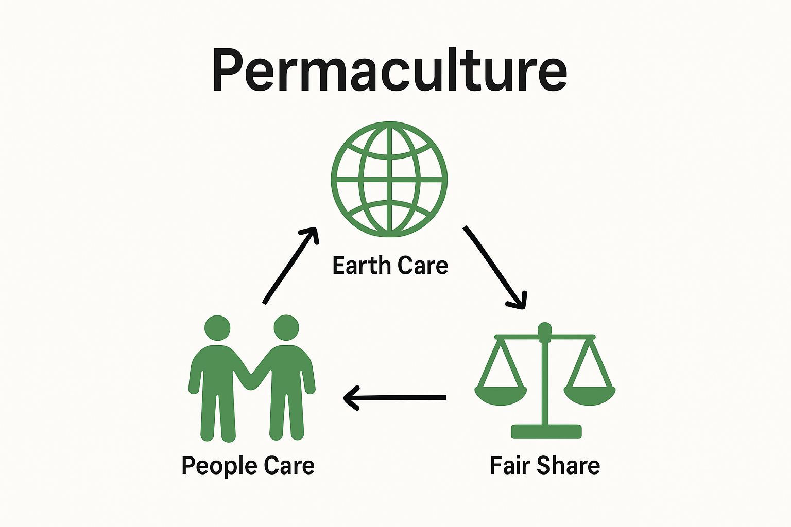 Permaculture ethics icons for Earth Care, People Care, Fair Share