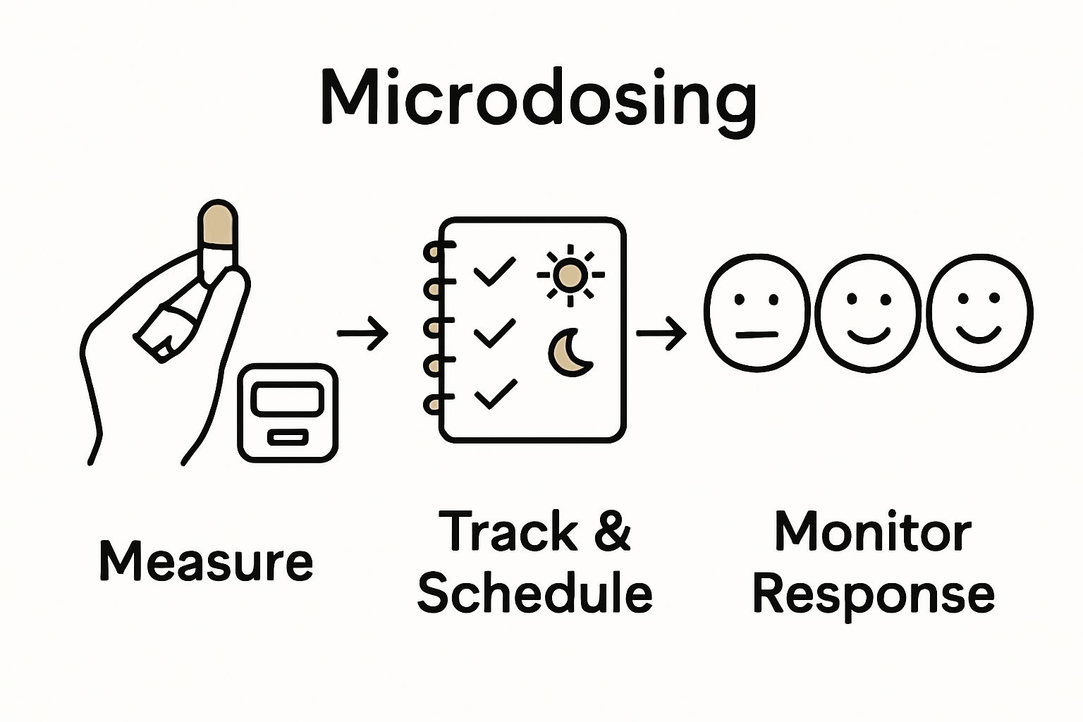 Infographic showing measuring, scheduling, and monitoring steps for safe mushroom capsule use