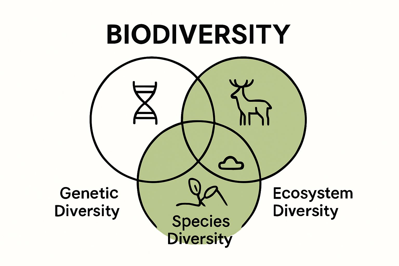 Infographic breakdown of genetic, species, ecosystem diversity