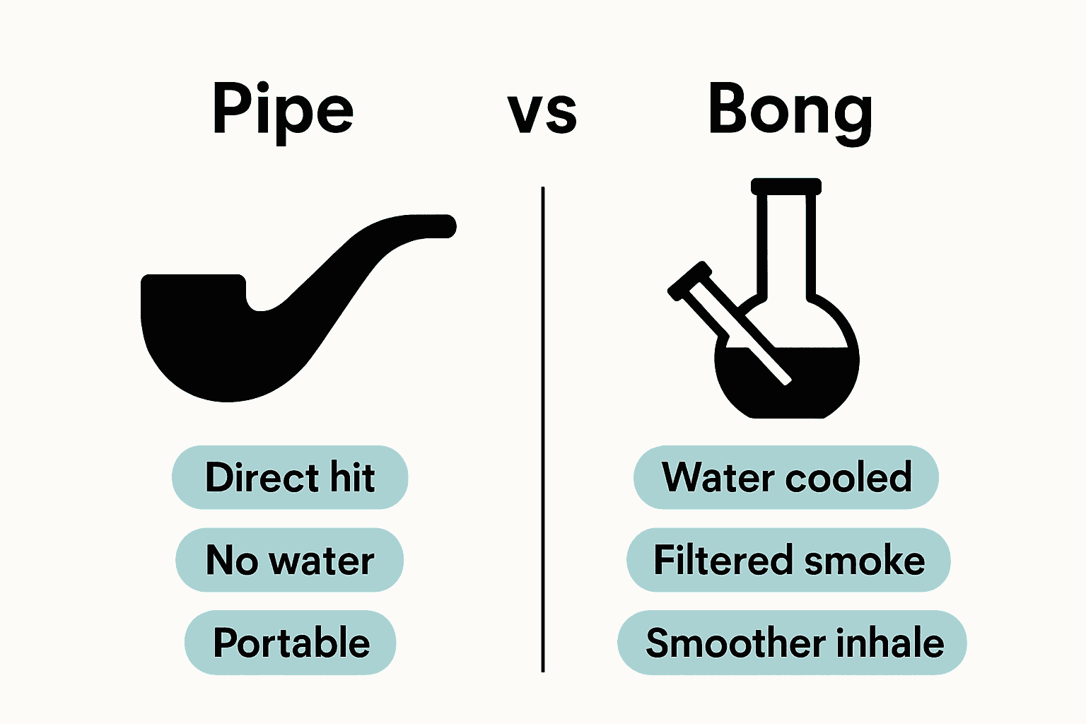 Infographic visually comparing main differences of hand pipe versus bong.