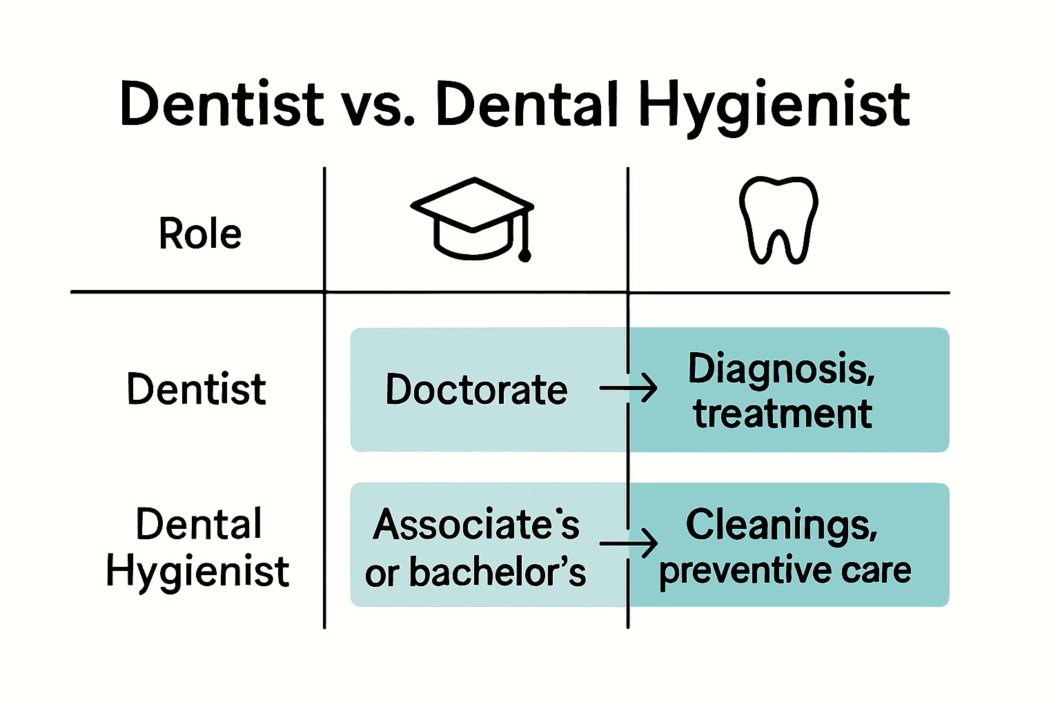 Infographic comparing dentist and dental hygienist roles, education, and services.