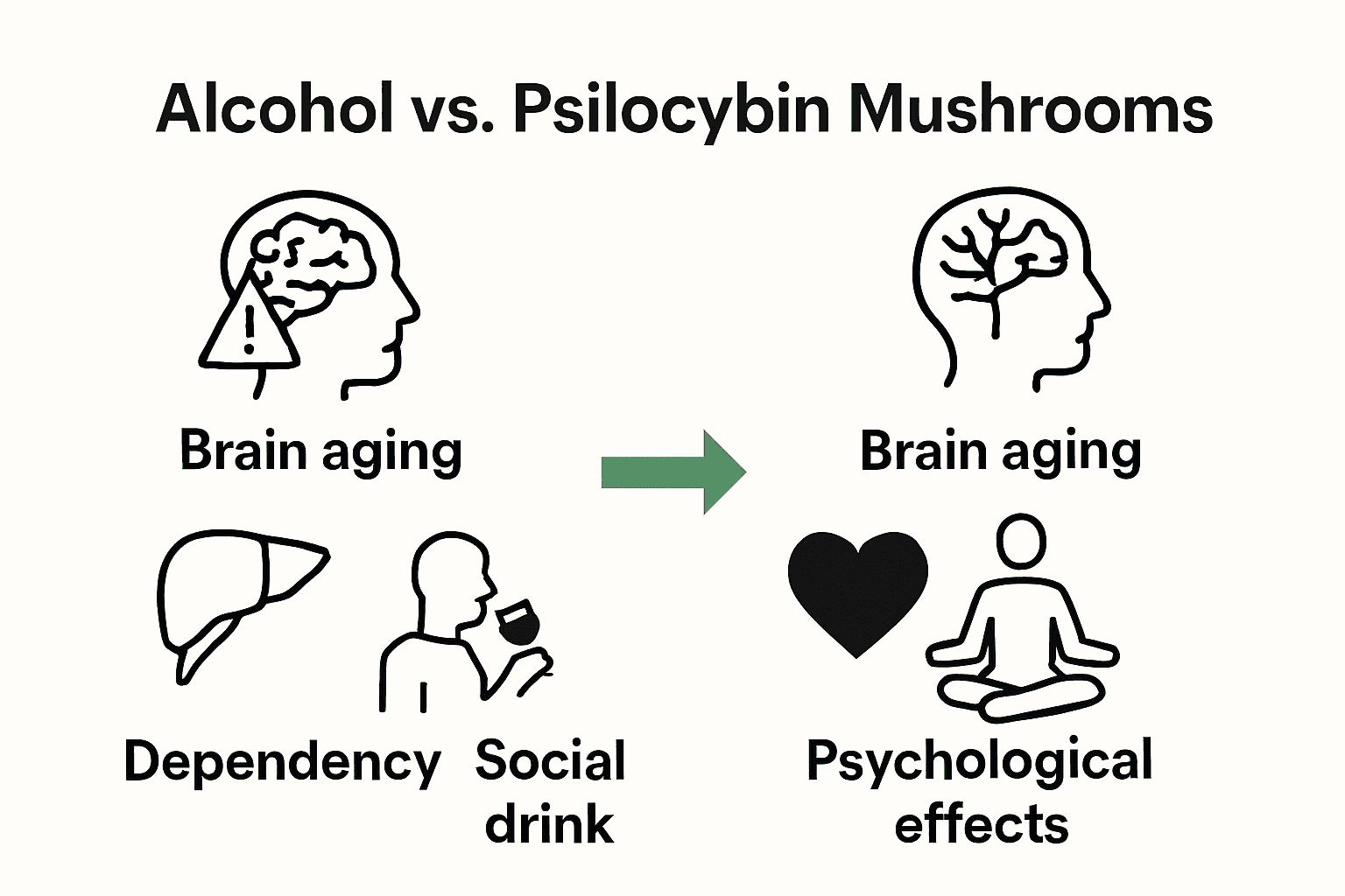 Side-by-side comparison of alcohol and psilocybin mushroom effects on brain, health, and dependency risks