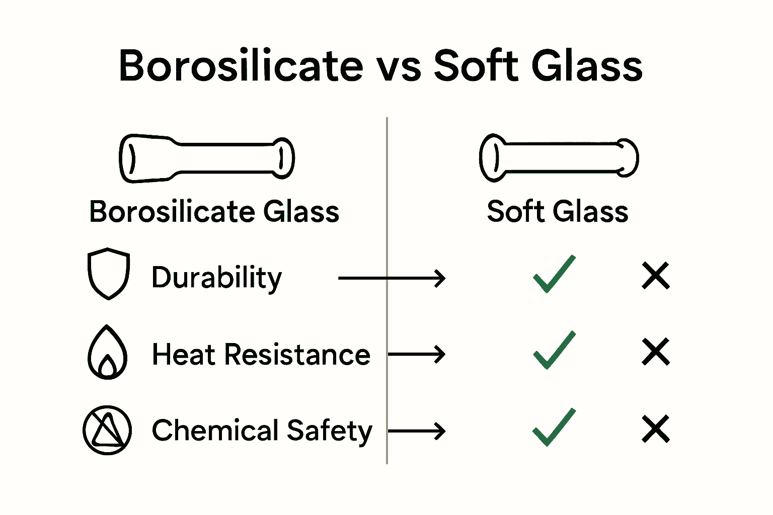 Infographic comparing borosilicate vs soft glass pipes for safety and durability.