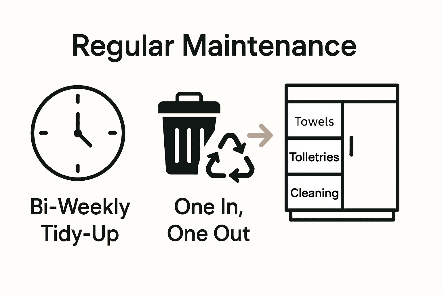 Infographic showing bi-weekly tidy-up, one in one out rule, and labeled cabinet for bathroom organization maintenance.