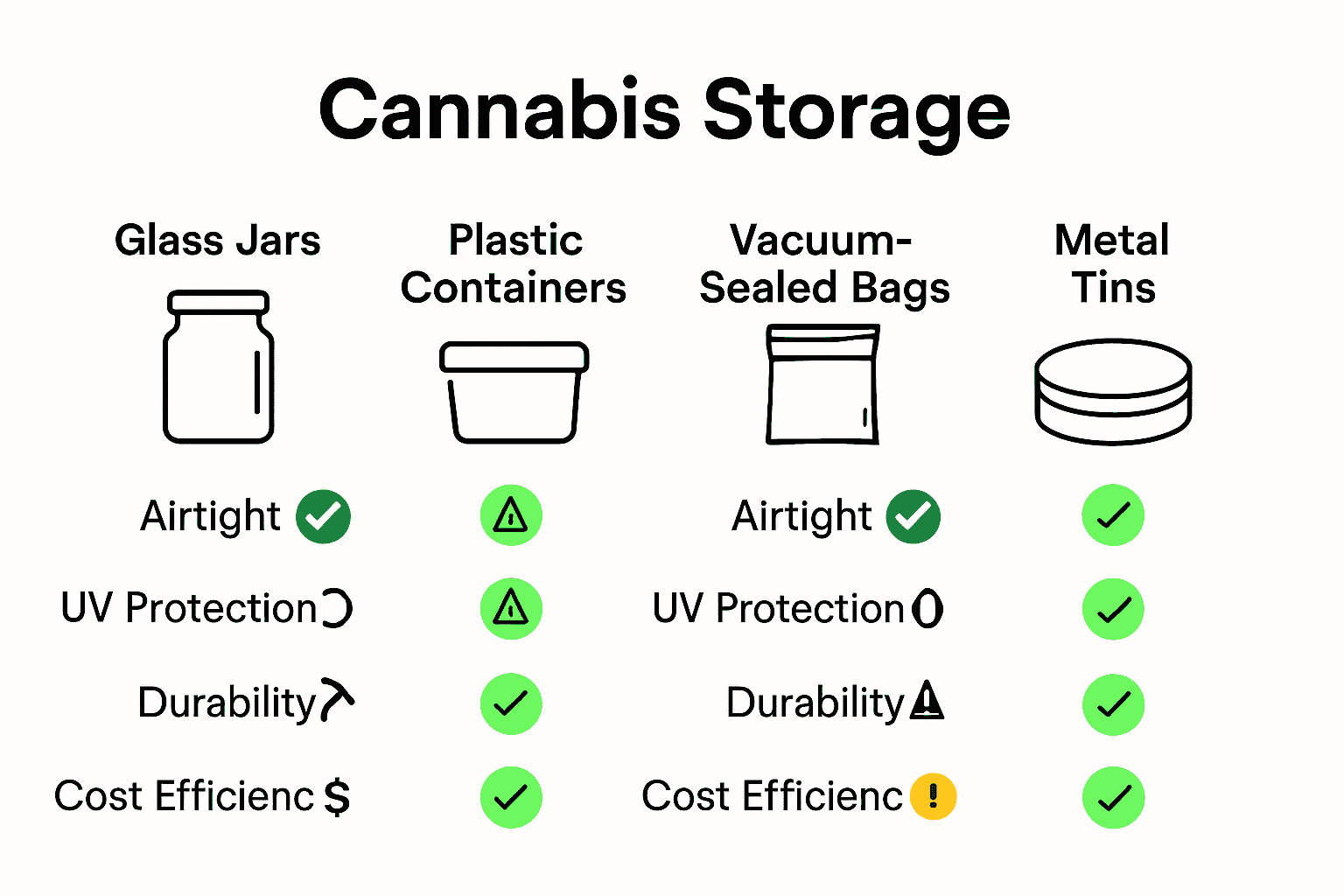 Comparison chart of cannabis storage containers showing benefits and drawbacks at a glance.