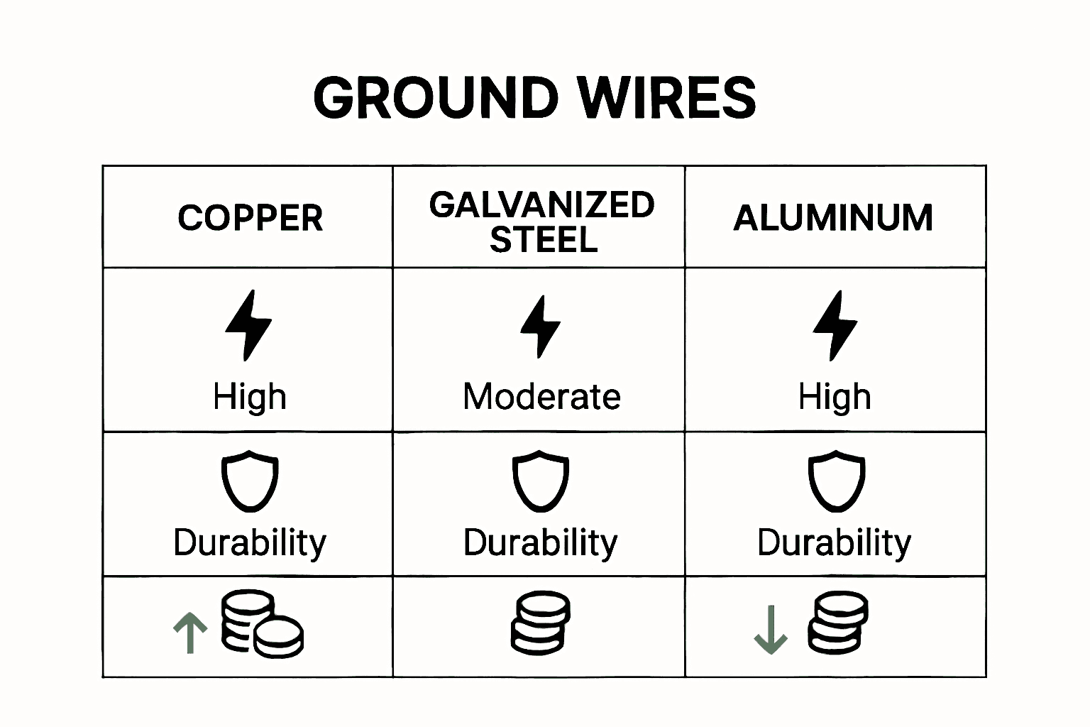 Comparison chart infographic of copper, galvanized steel, and aluminum electric fence ground wires.