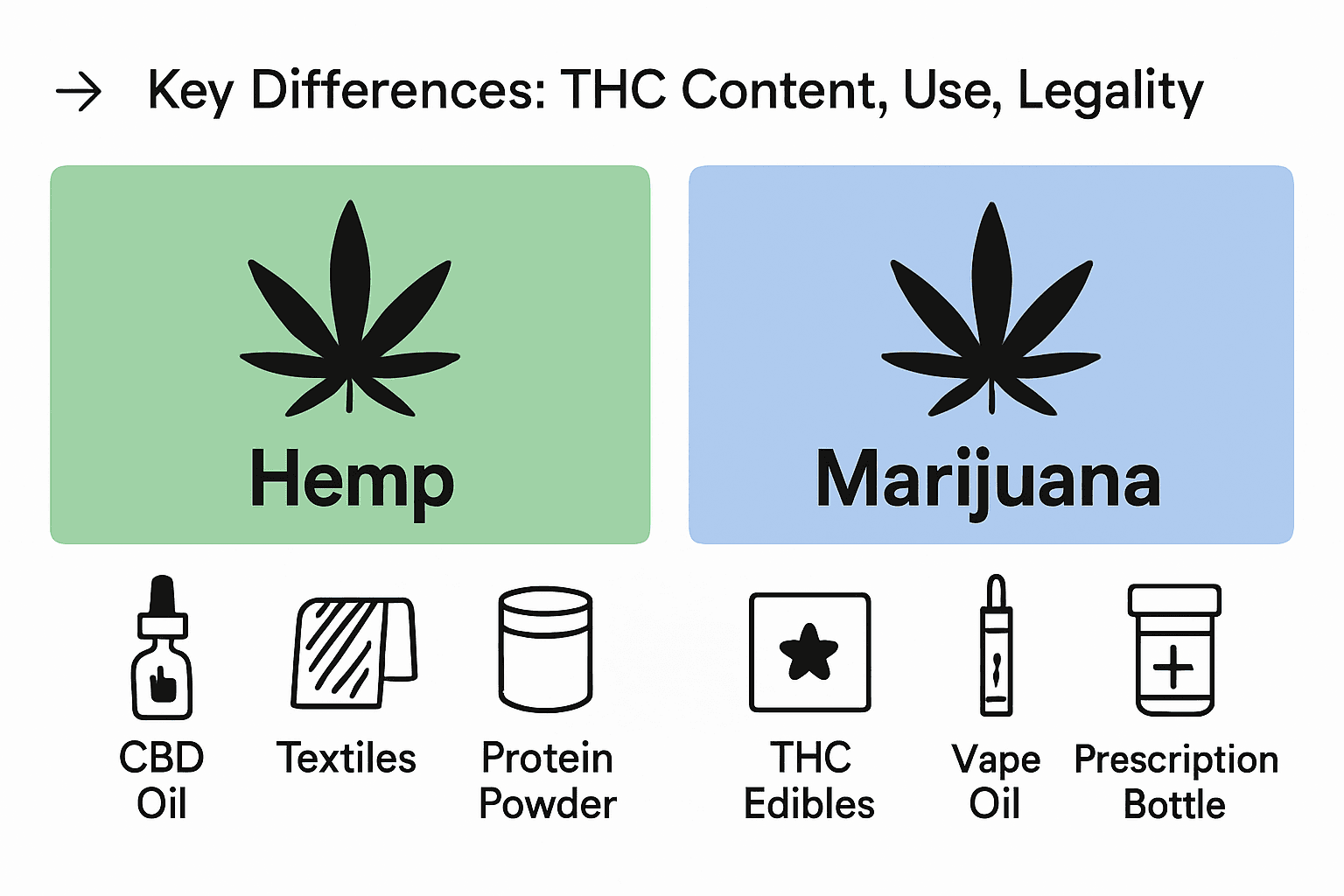 Infographic comparing hemp and marijuana flowers, uses, and legal status
