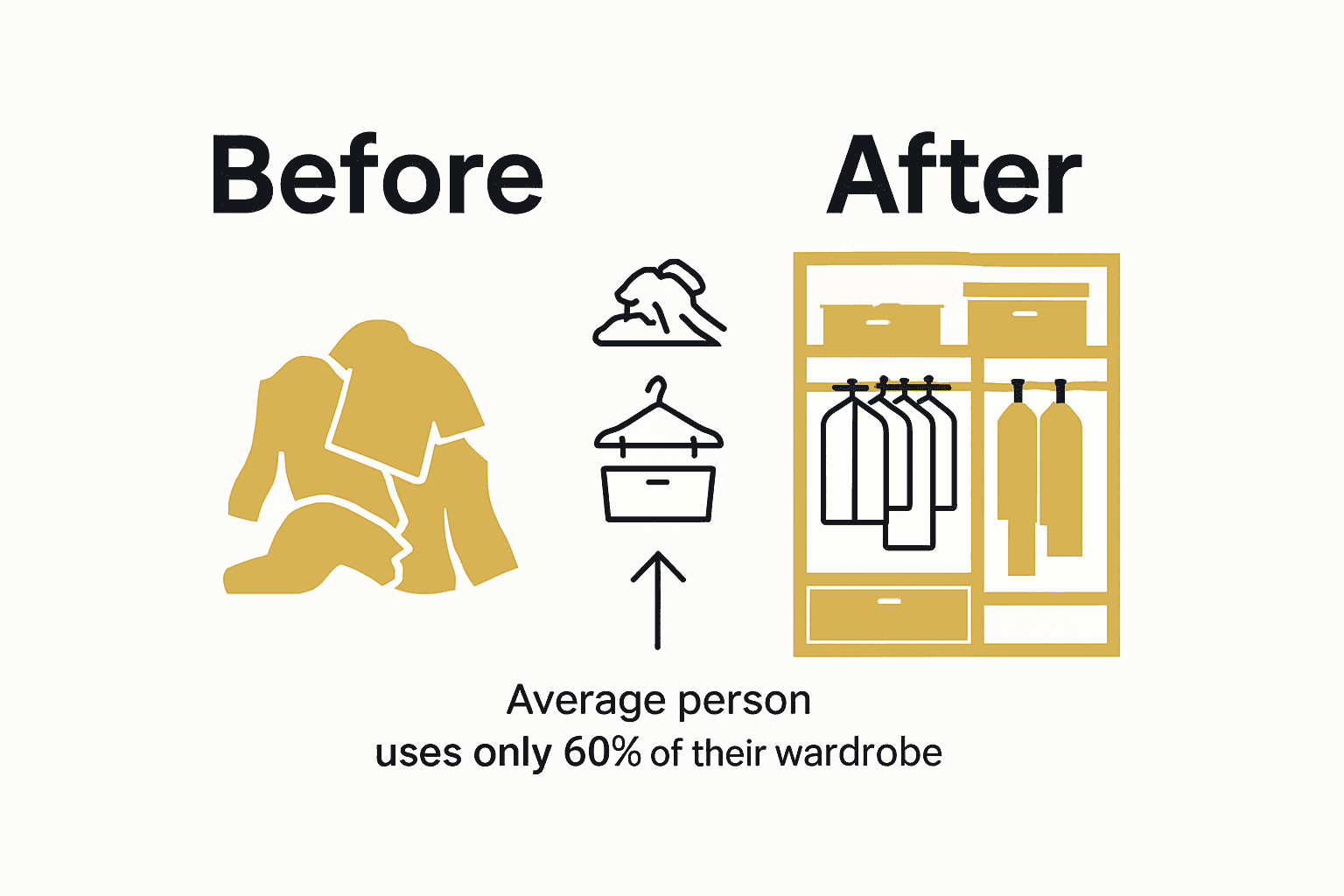Infographic comparing messy and organized closet with simple icons