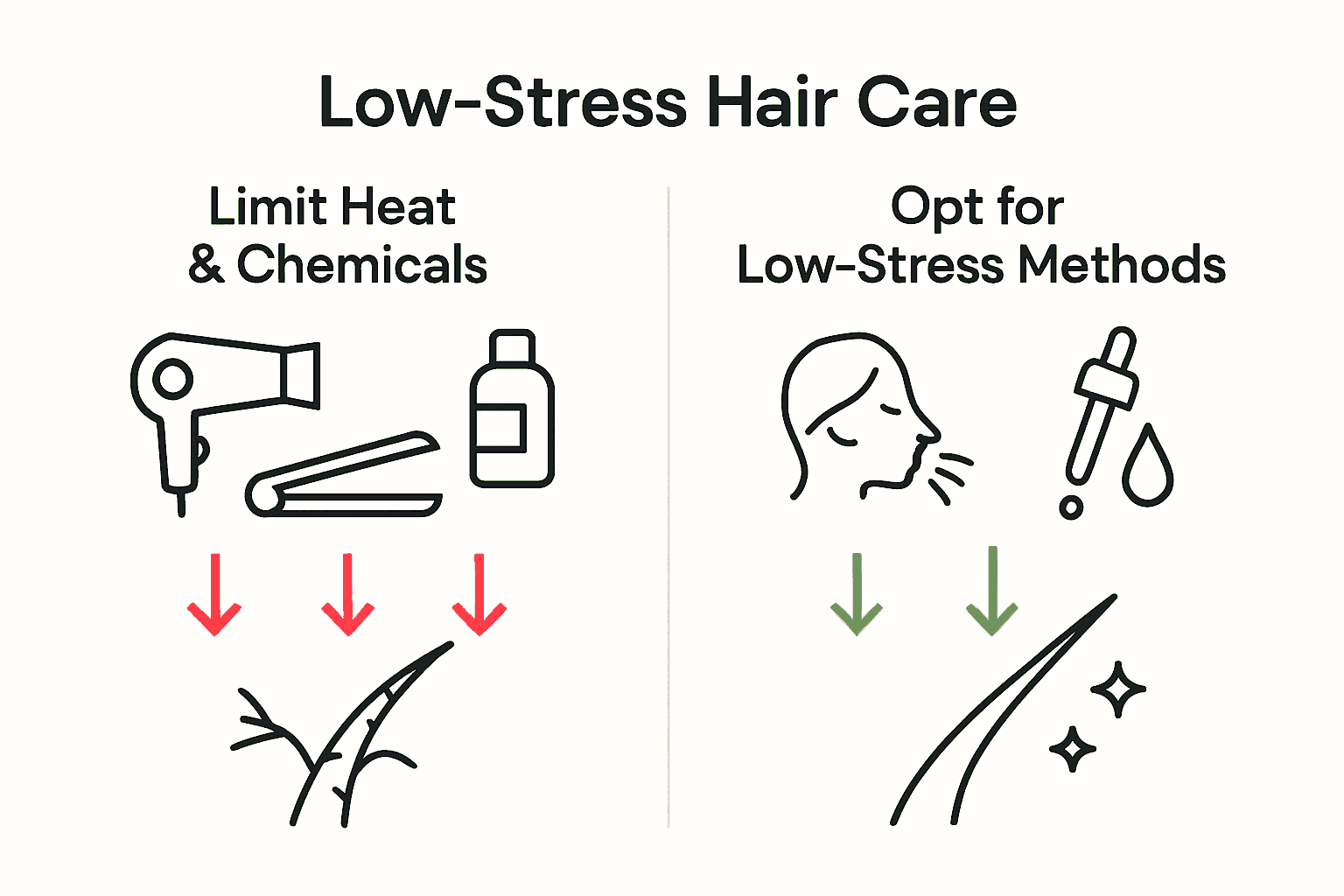 Comparison of heat vs. gentle methods on hair health.