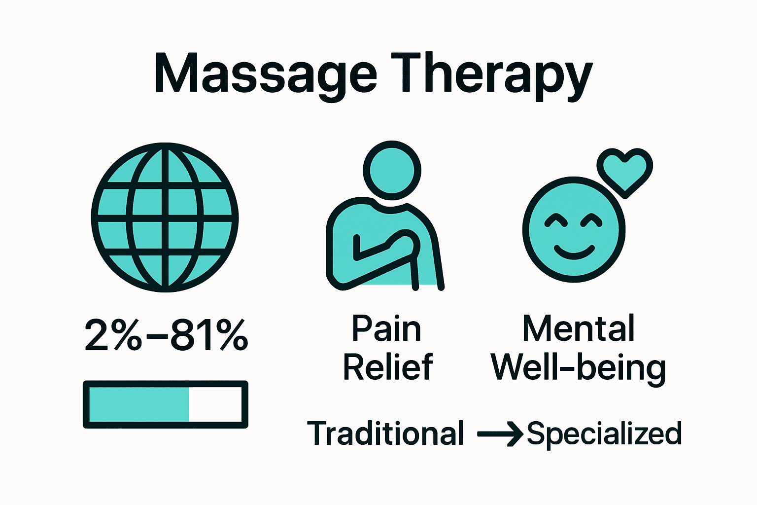Infographic showing global usage, pain relief, and types of massage therapy.