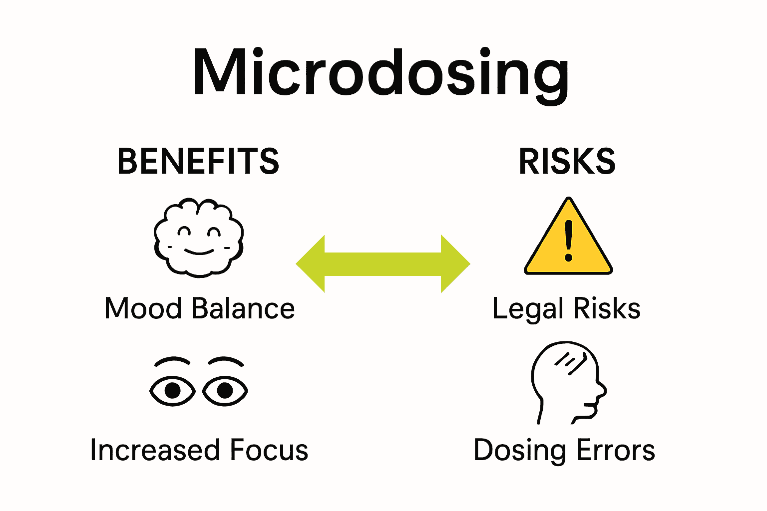 Infographic comparing microdosing benefits and risks with simple icons.