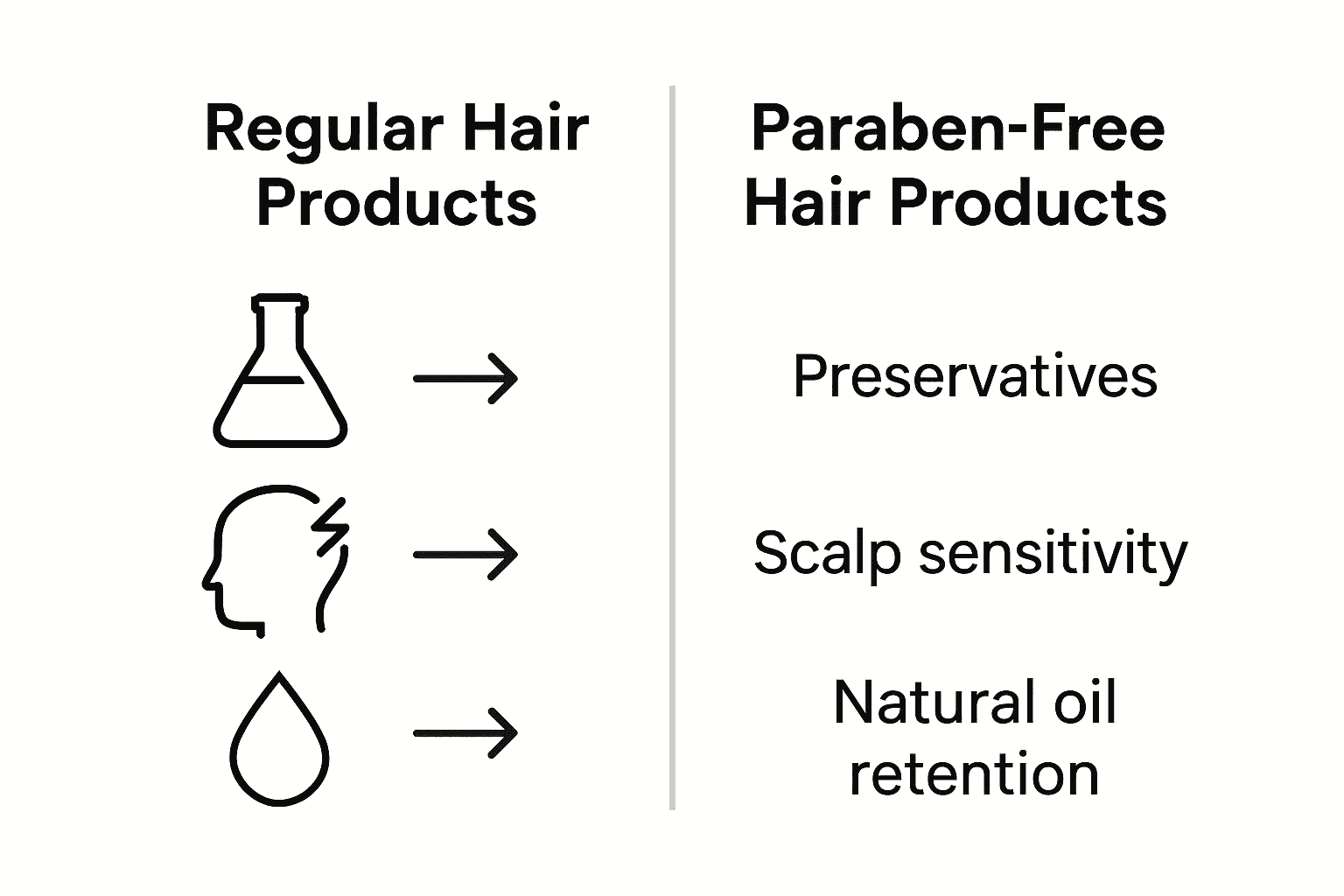 Infographic comparing regular vs paraben-free hair products using icons.