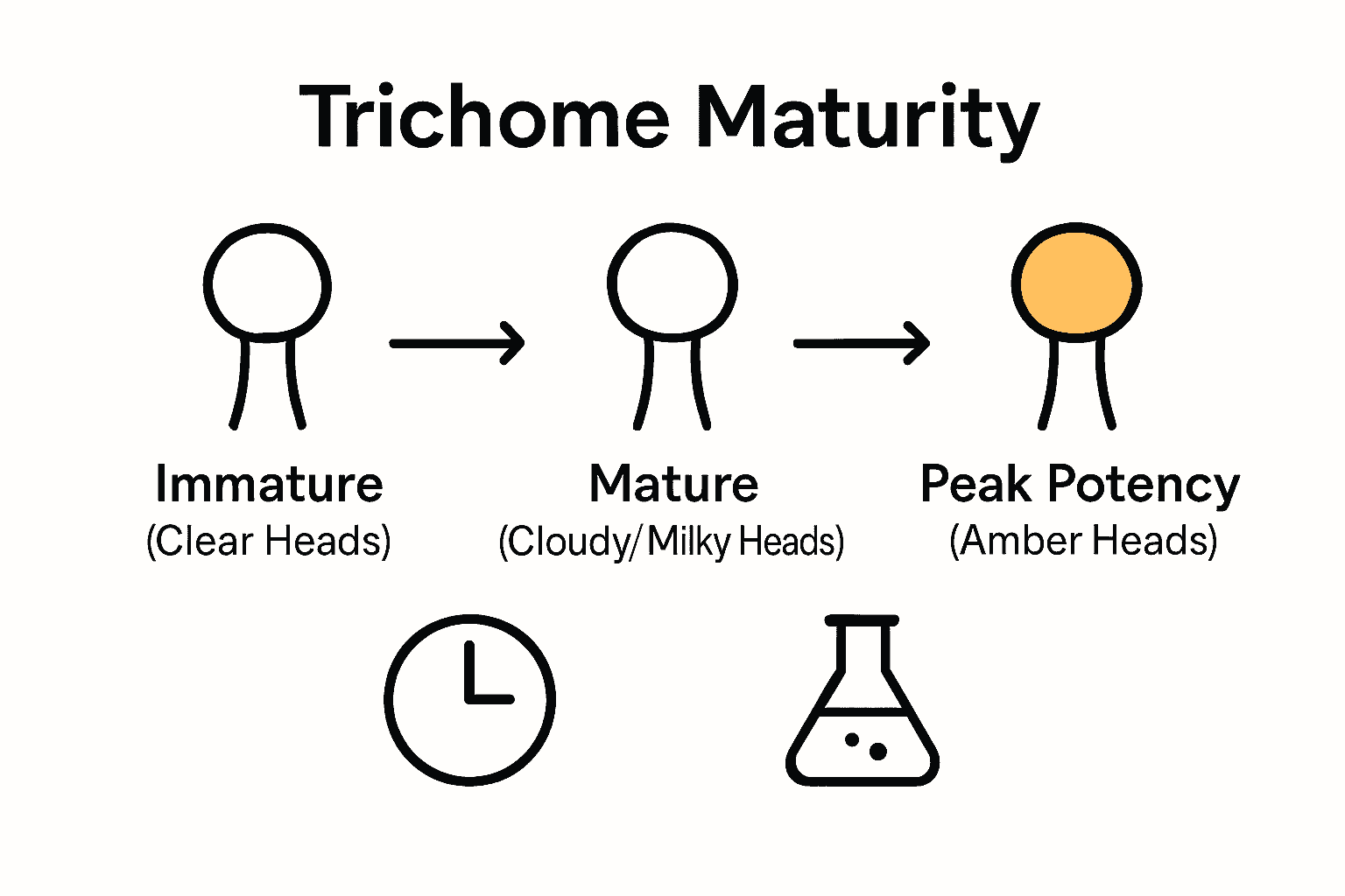 Infographic comparing trichome maturity stages and harvest timing.