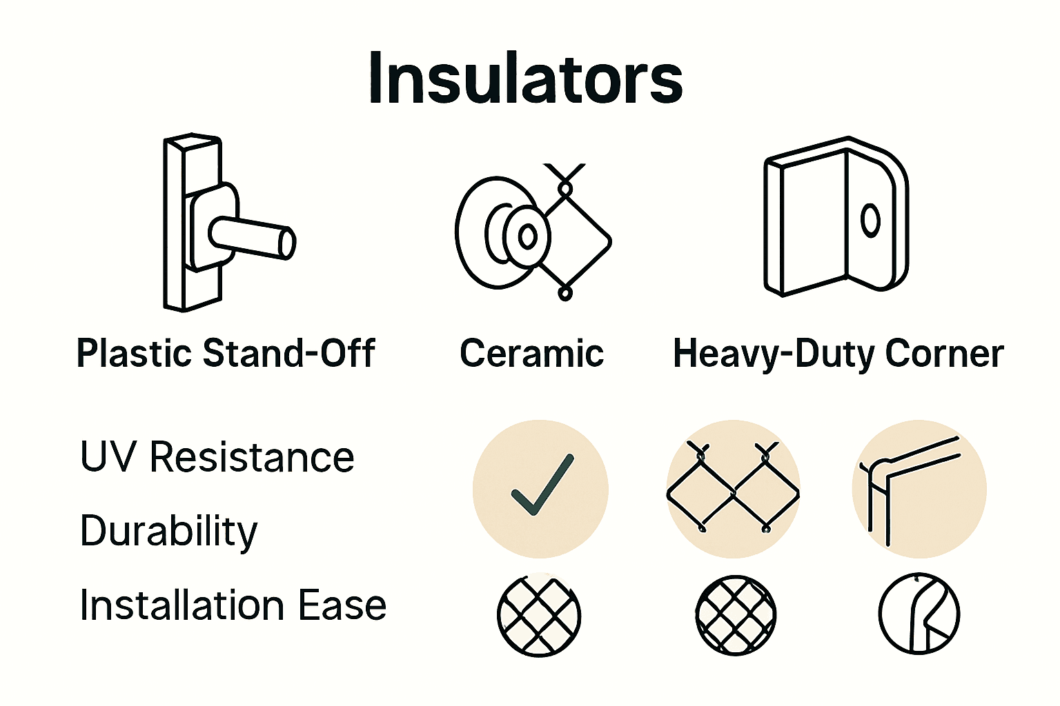 Infographic comparing types of chain link electric fence insulators with icons and quick facts.