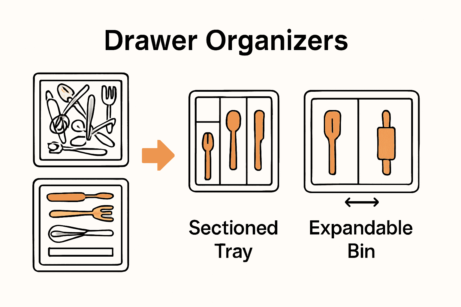 Infographic comparing kitchen drawer organizer types and uses