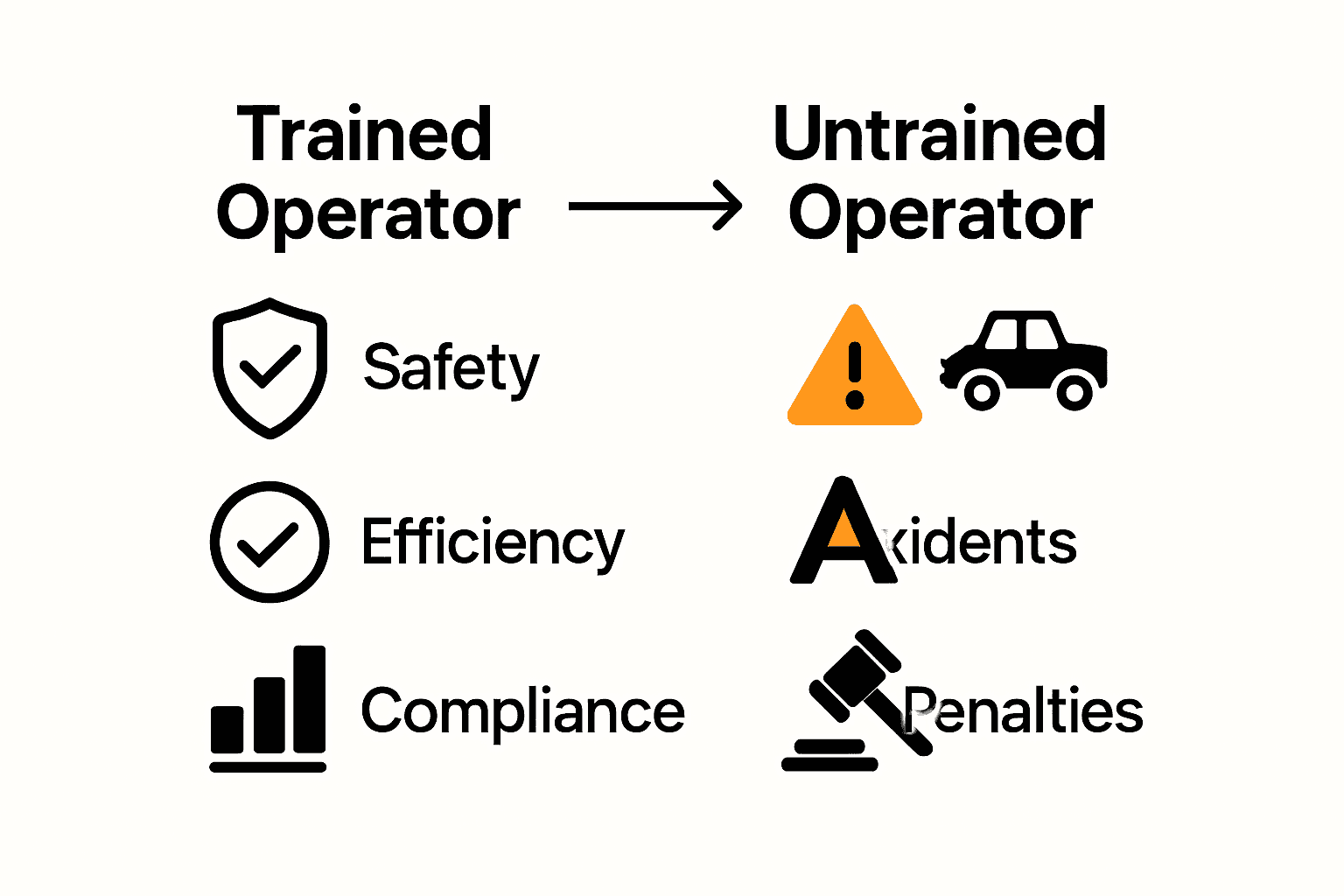 Infographic comparing trained and untrained forklift operator outcomes.