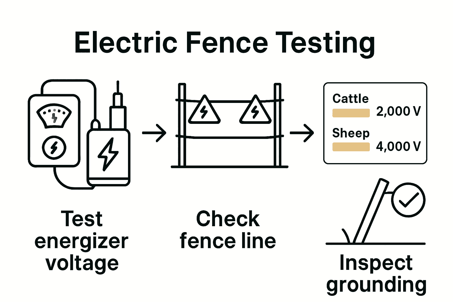 Infographic showing three steps to test an electric fence for livestock safety.