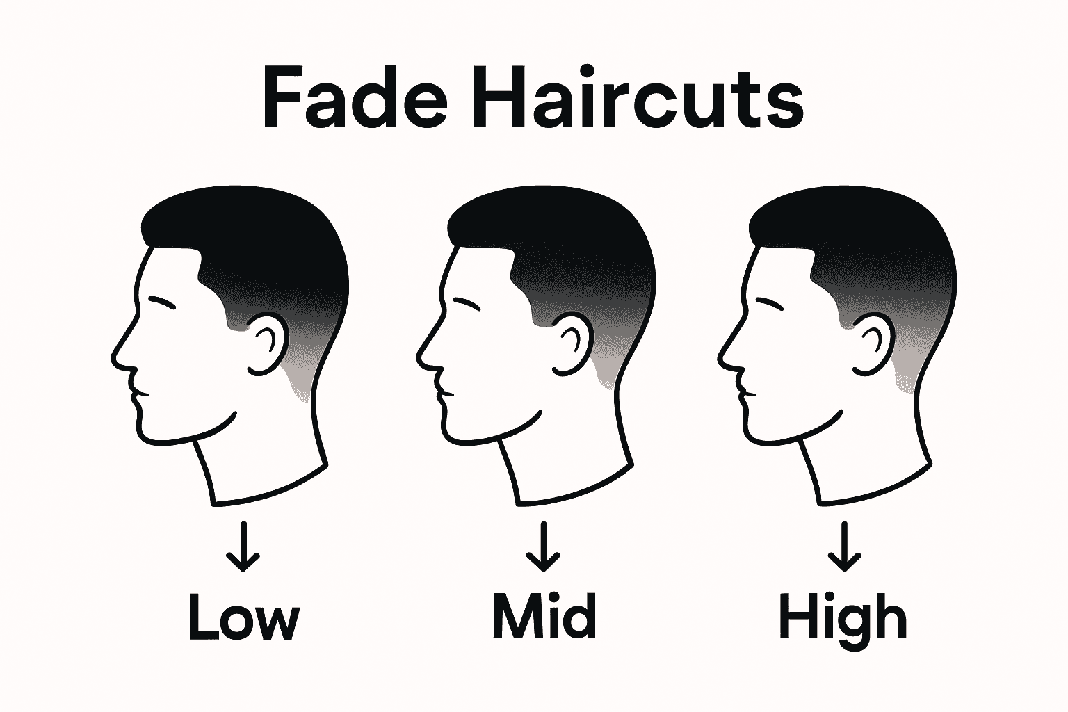 Infographic shows low, mid and high fade haircuts, each with a labeled head icon and gradient.