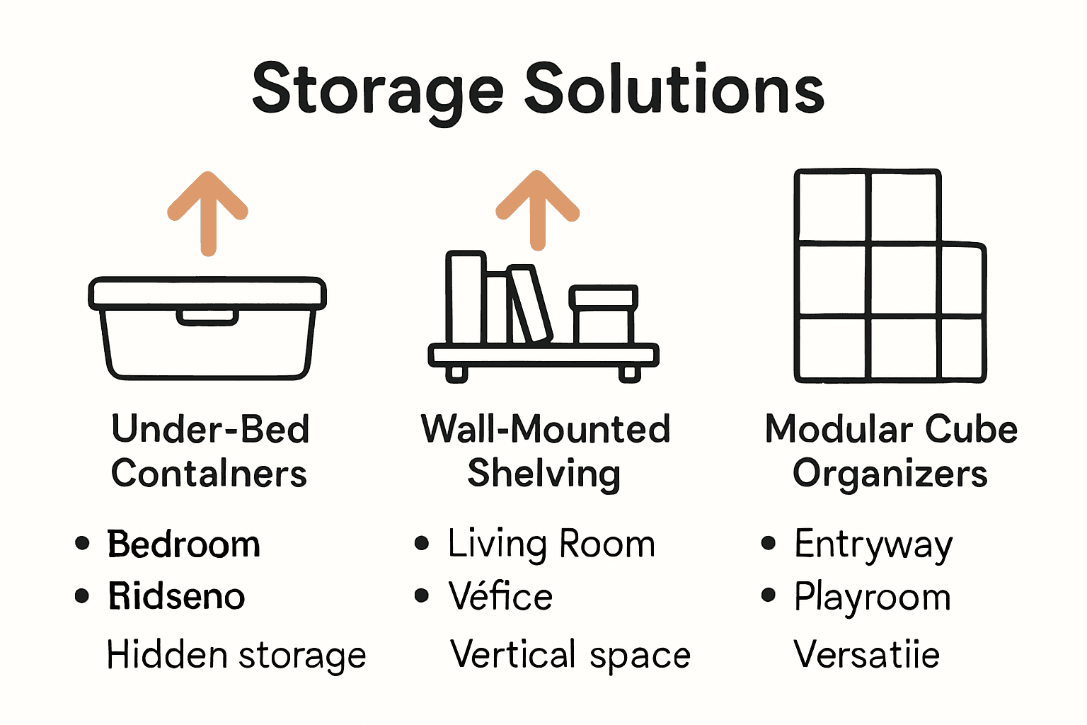 Infographic compares under-bed, wall shelving, and modular storage with icons and arrows.