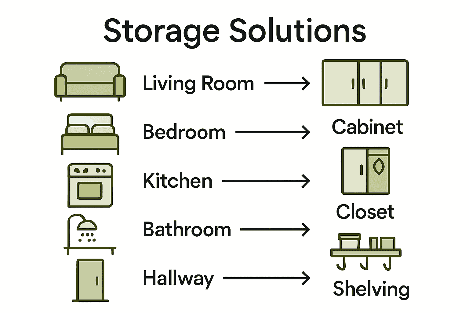 Infographic displaying top storage solutions for each main room in a home