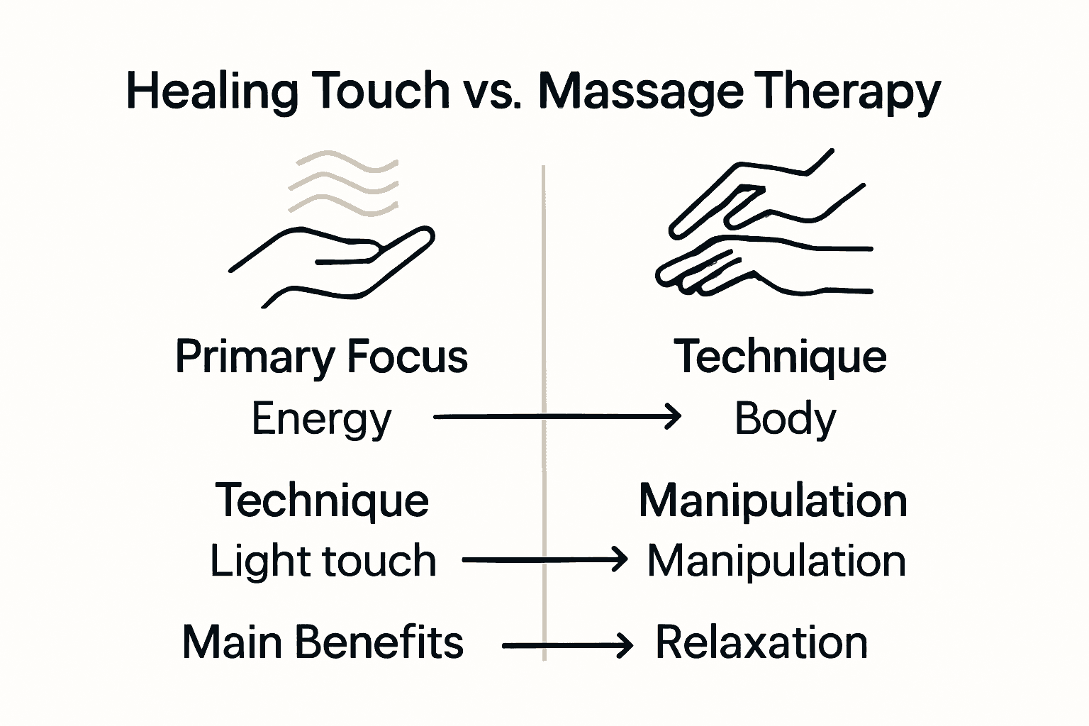 Infographic comparing Healing Touch and Massage Therapy by focus, technique, and benefits.