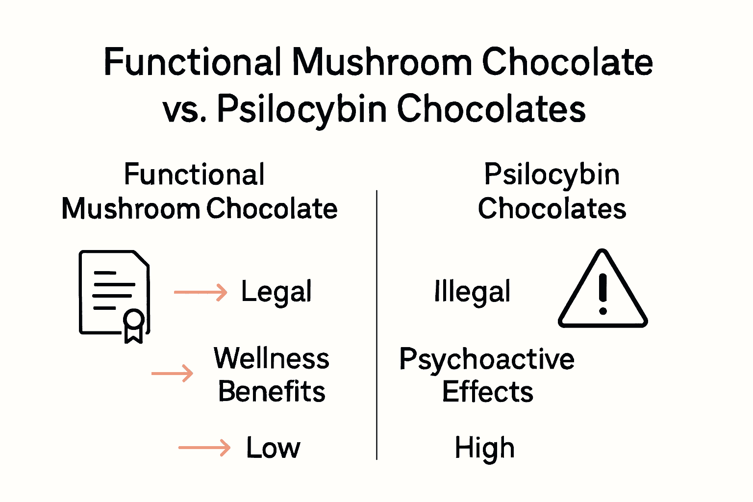 Infographic comparing functional and psilocybin mushroom chocolates by legal status, wellness effects, and psychoactive risks.
