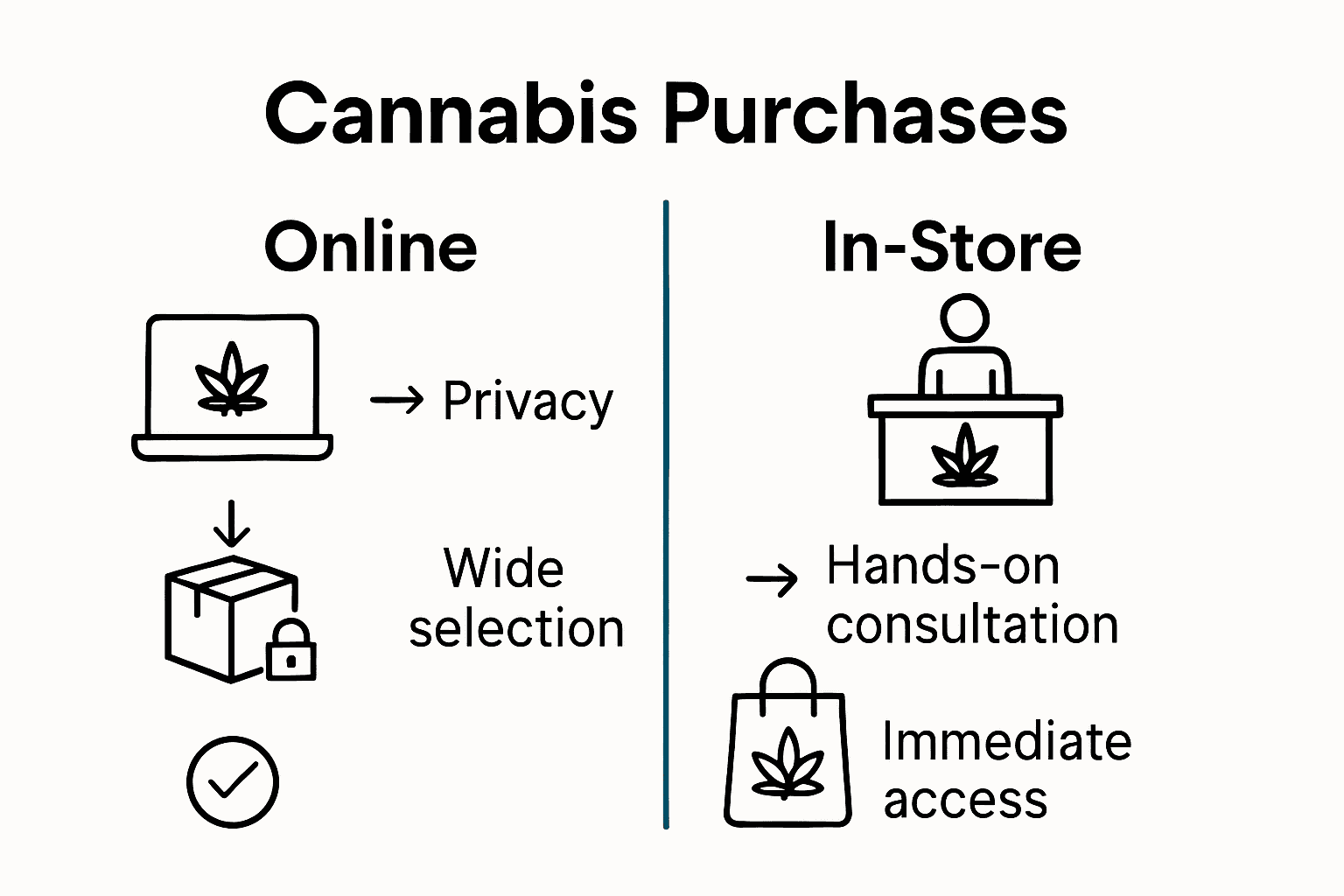 Infographic comparing online vs. in-store cannabis buying experiences with icons for privacy, selection, and convenience.