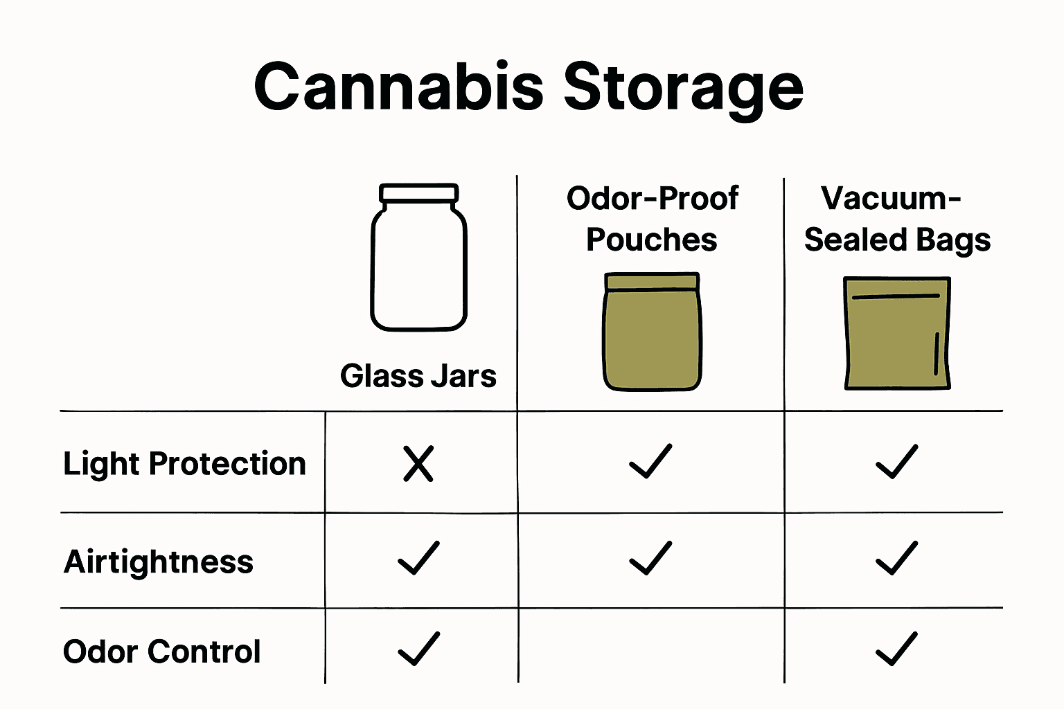 Infographic comparing glass jars, odor-proof pouches, and vacuum-sealed bags for cannabis storage.