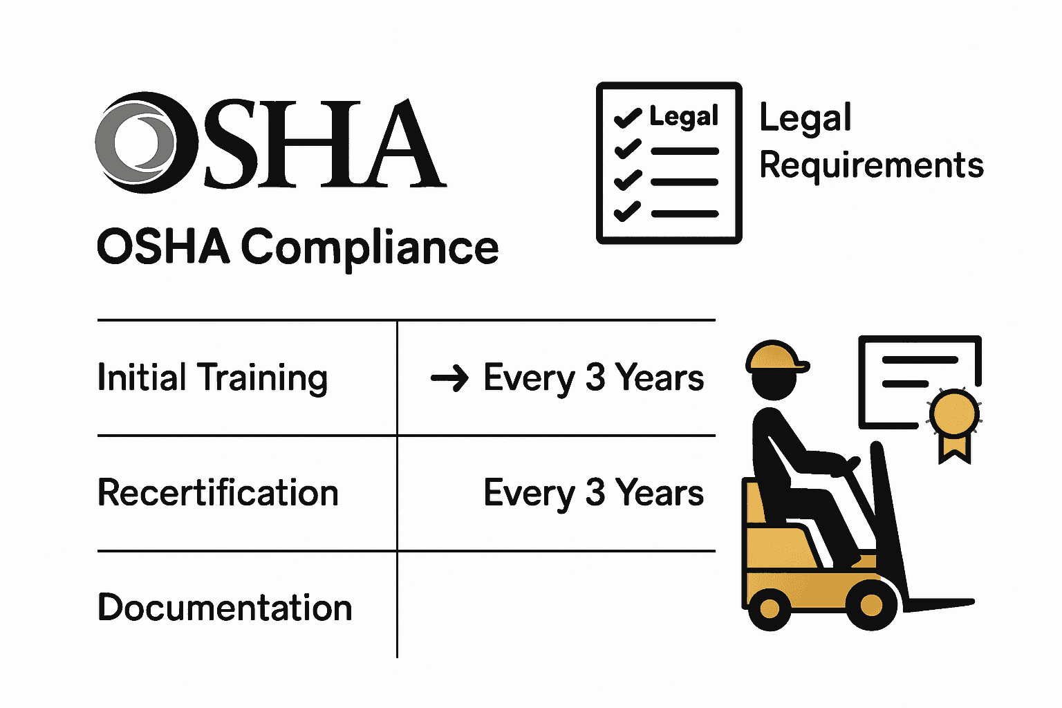 Infographic illustrating OSHA forklift certification requirements, recertification intervals, and documentation needs.