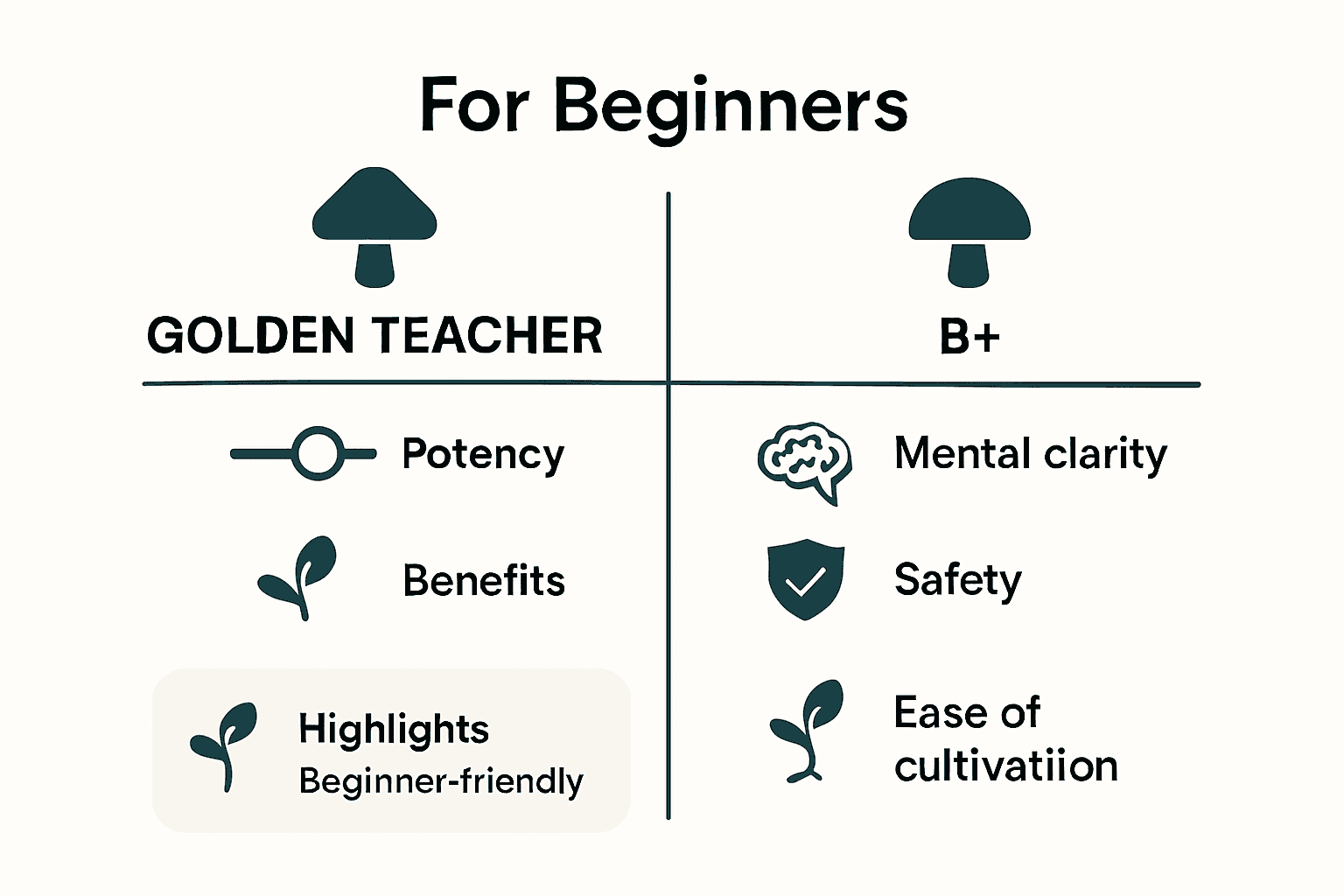 Infographic comparing Golden Teacher and B+ mushroom strains for beginners, showing potency, benefits, and characteristics.