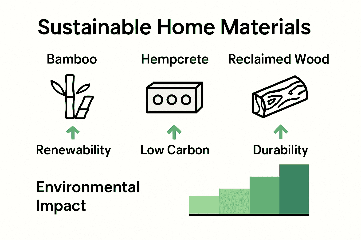 Infographic comparing bamboo, hempcrete, and reclaimed wood for home use.