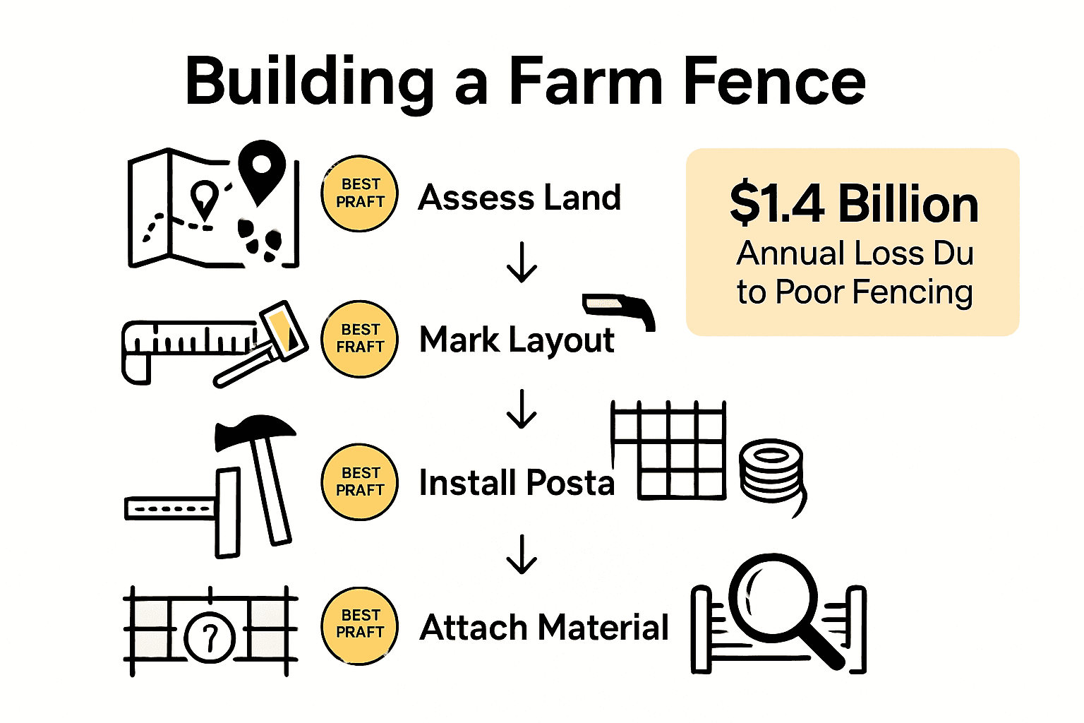 Five-step process to build a strong farm fence, with icons and arrows.