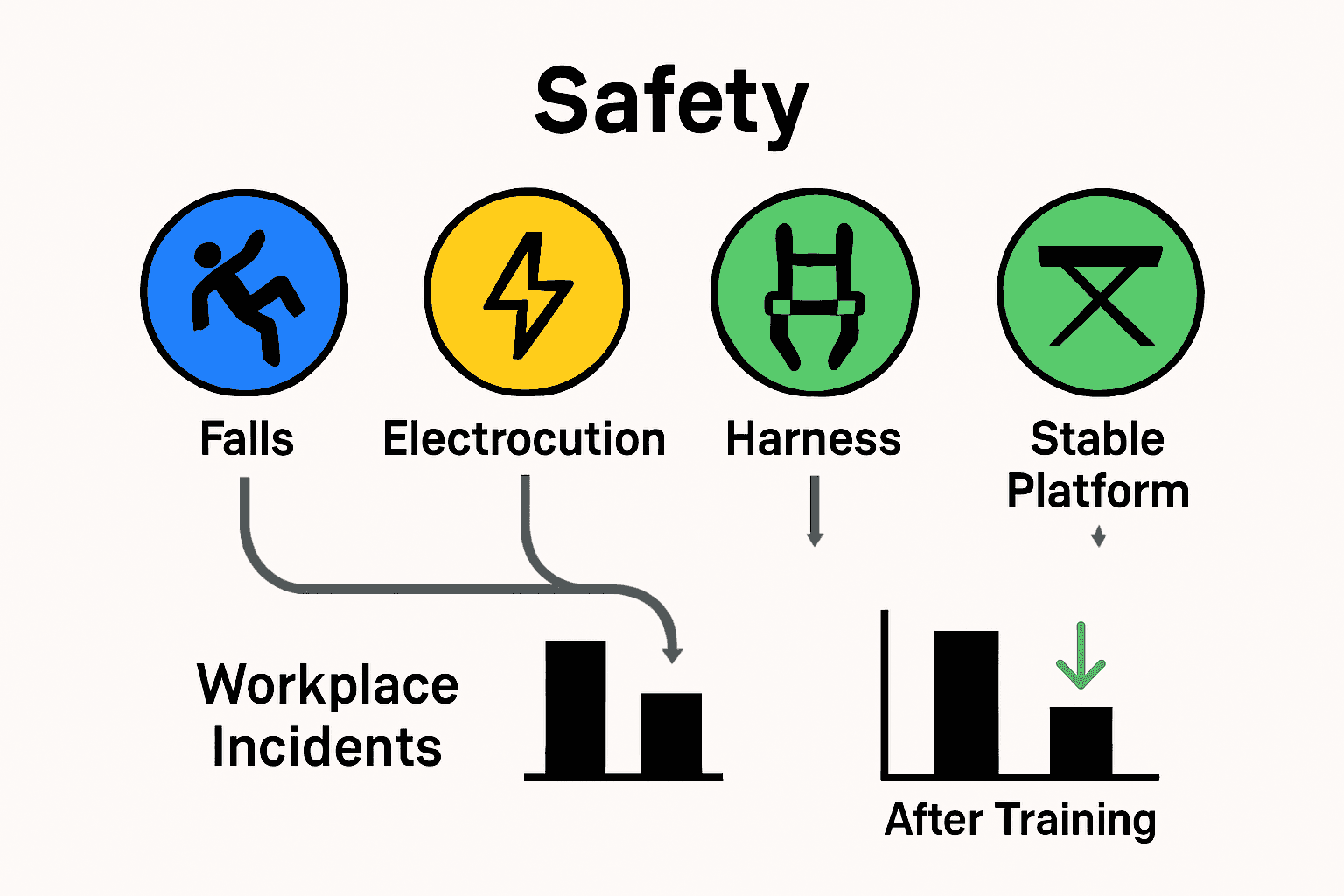 Infographic showing major aerial lift risks and training mitigation icons