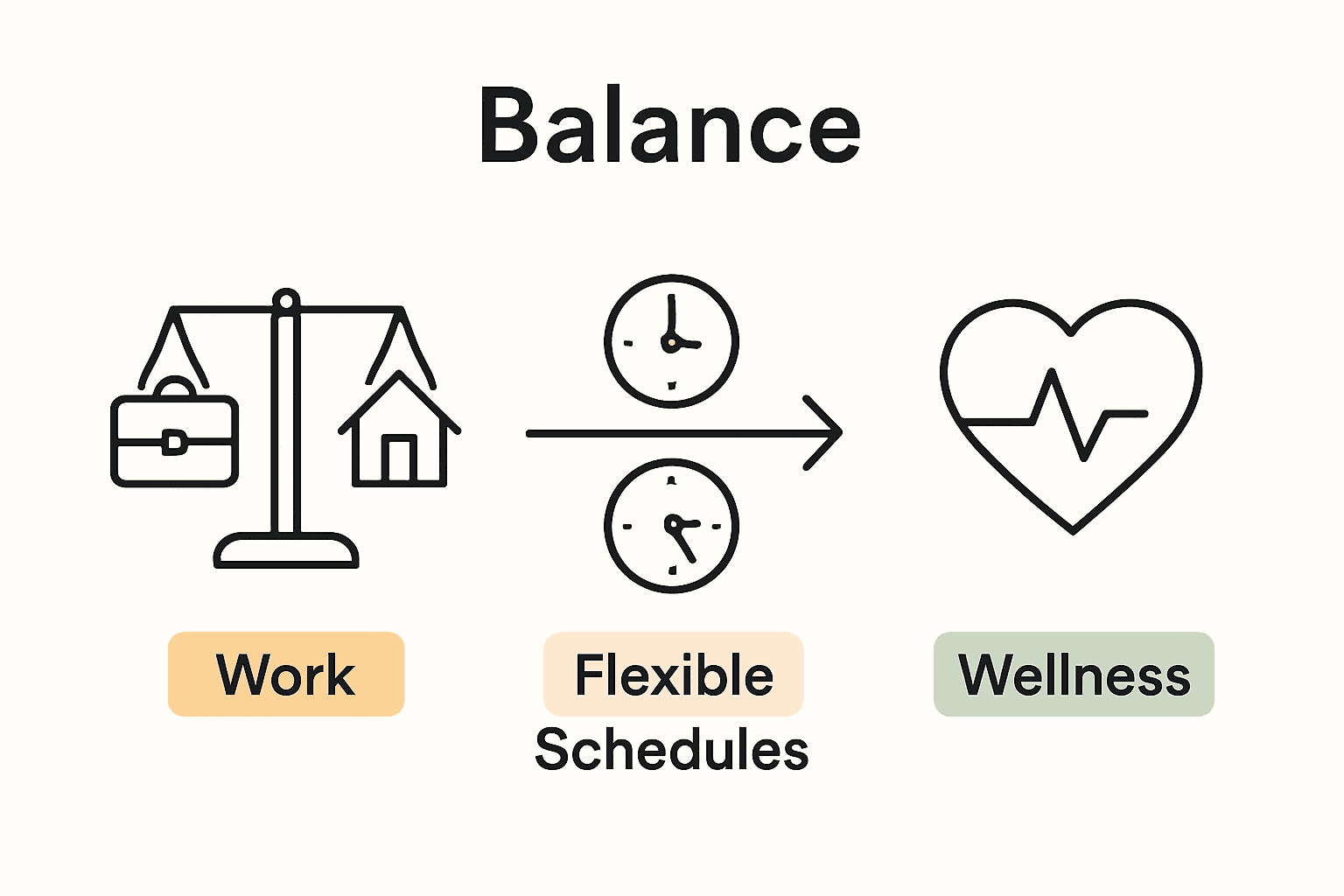 Work-life balance infographic with balance scale, clock, and wellness icons
