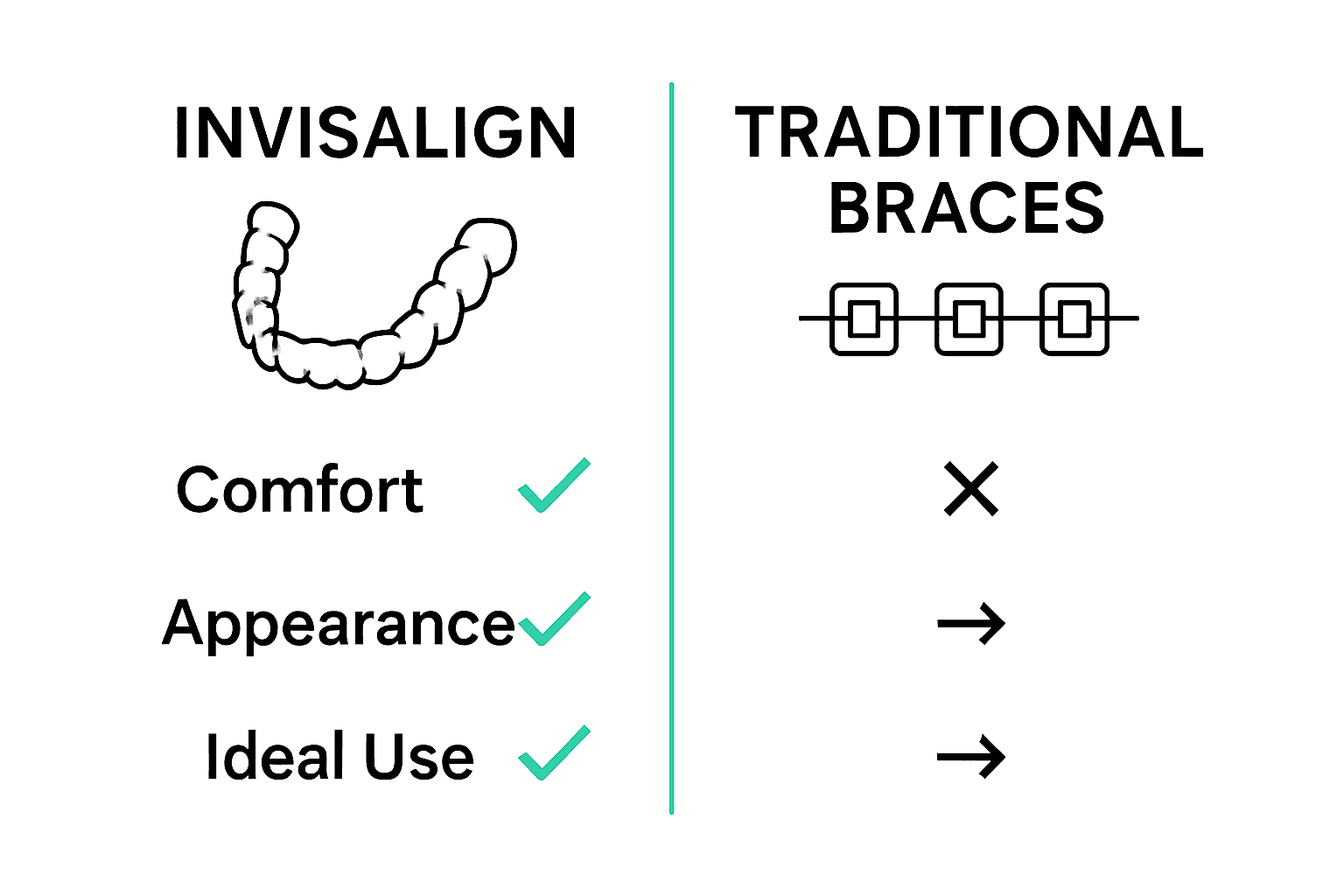 Invisalign vs traditional braces simple comparison with icons