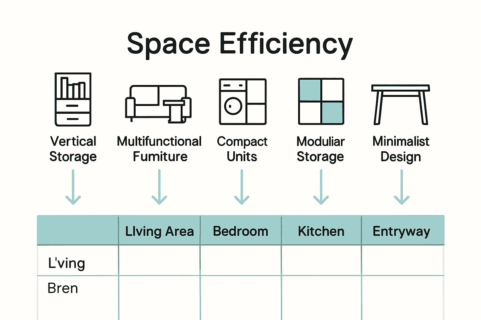 Infographic comparing types of space efficiency in homes: vertical storage, multifunctional furniture, compact units, modular storage, minimalist design.