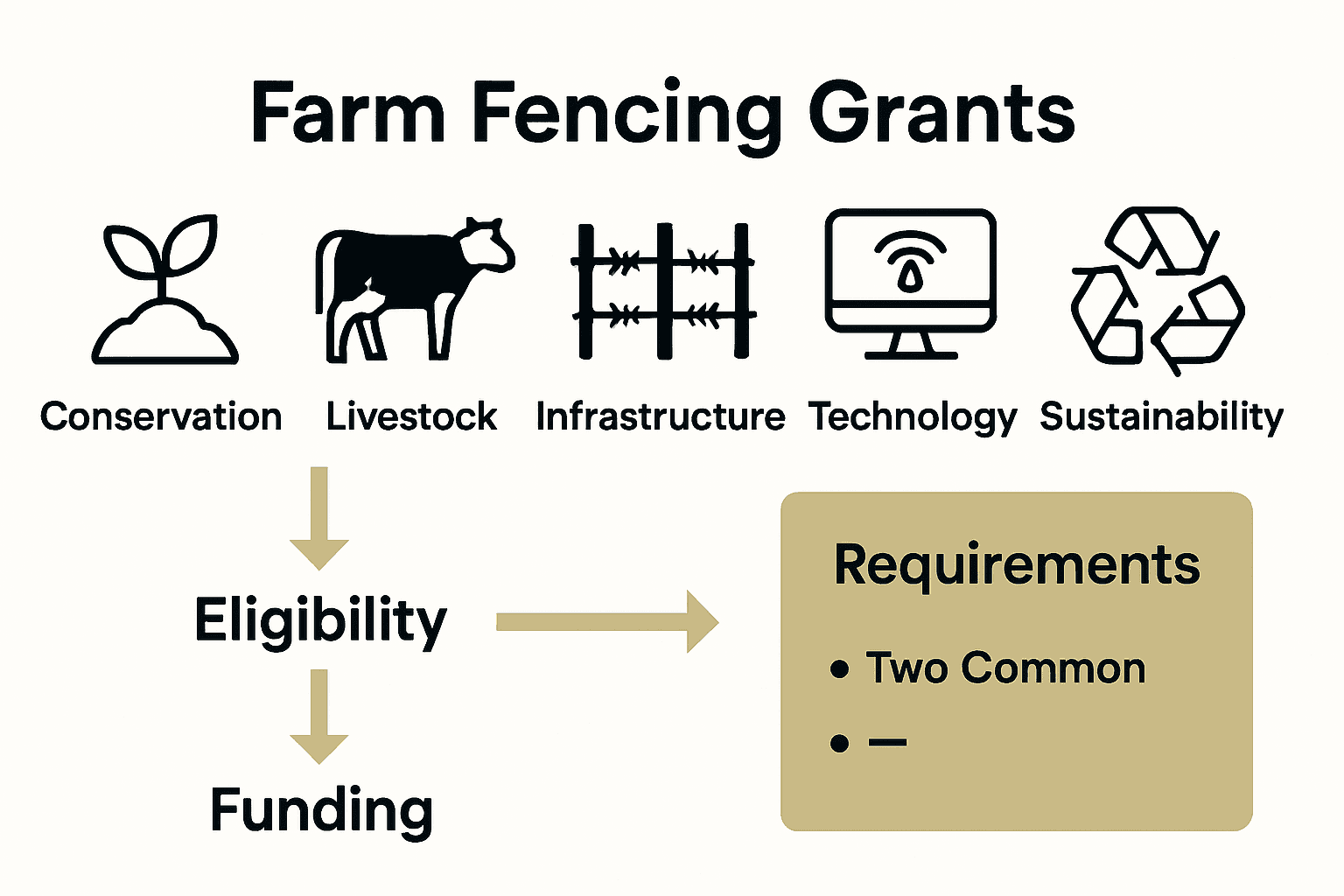 Infographic comparing five types of farm fencing grants by focus and uses