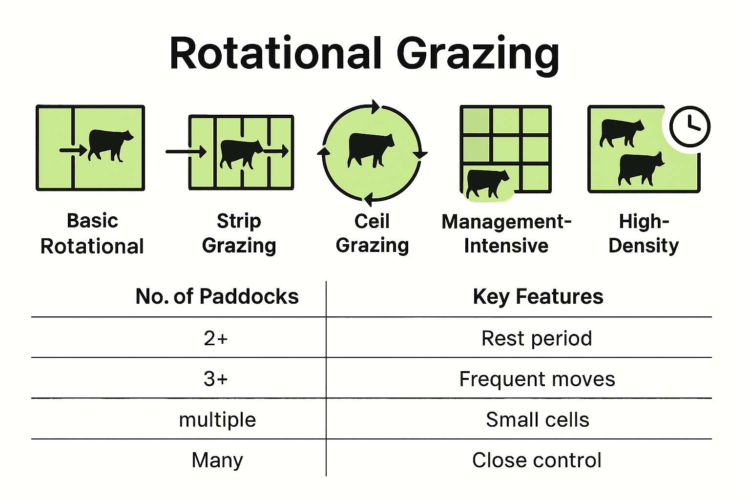 Infographic comparing five rotational grazing systems by paddocks and features