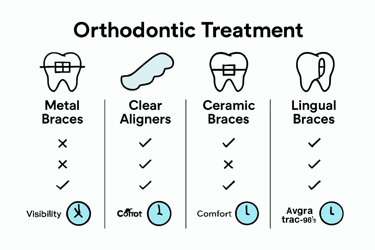 Infographic comparing metal braces, clear aligners, ceramic braces, and lingual braces.
