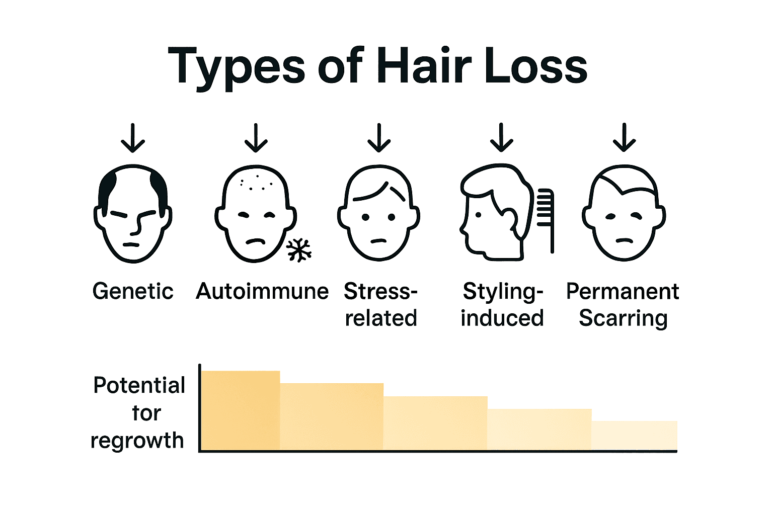 Infographic comparing five main types of hair loss and regrowth chance.