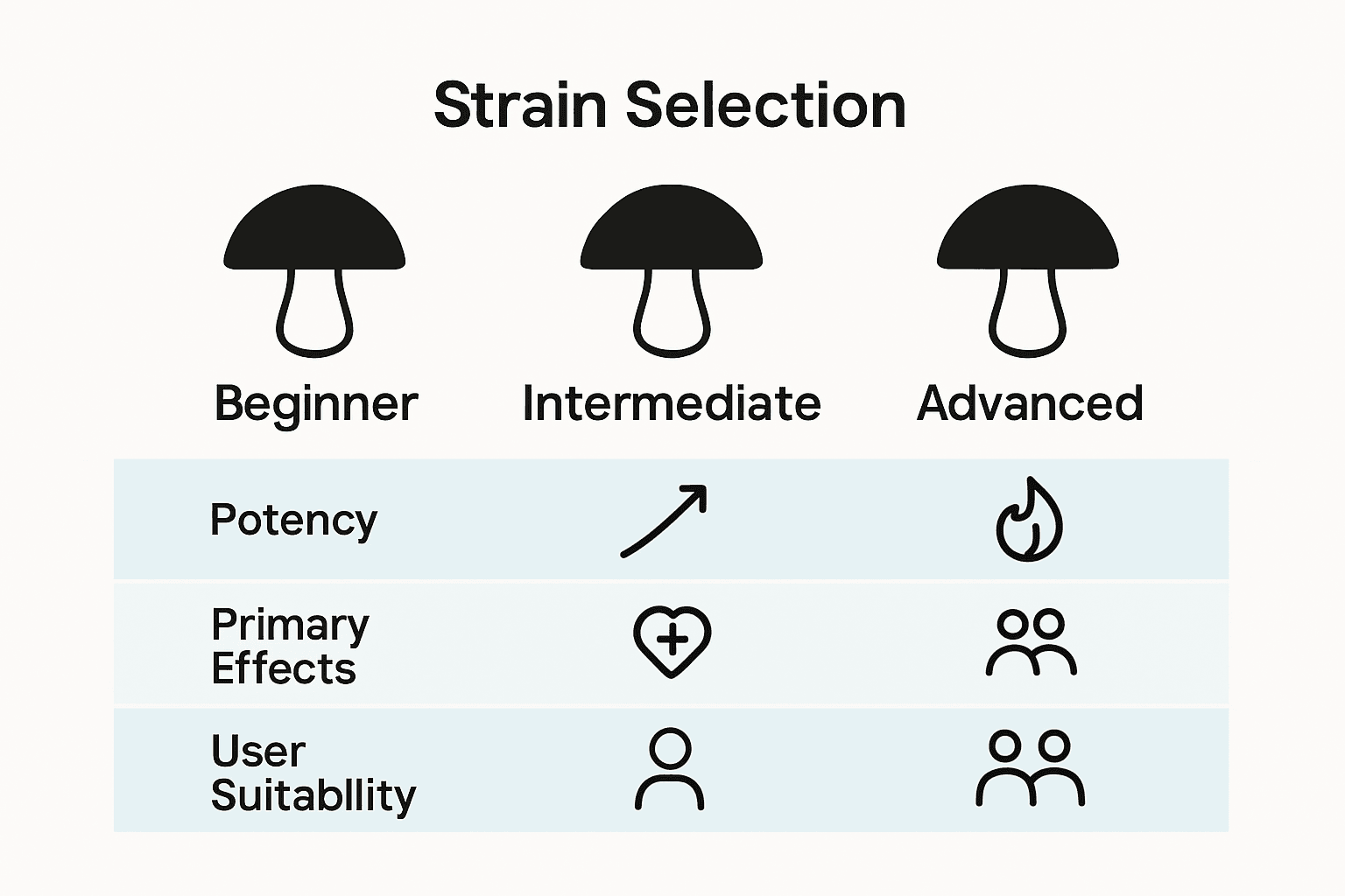 Infographic comparing mushroom strains for different user types and effects.