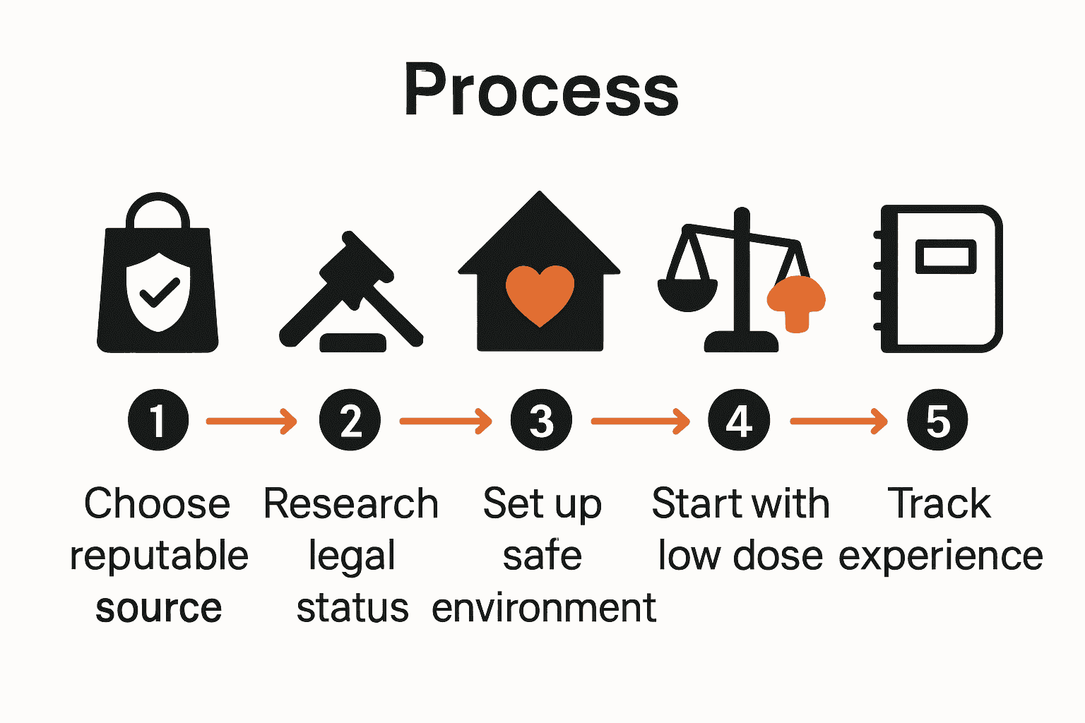 Five-step magic mushroom safety infographic with icons for sourcing, legality, environment, dosing, and experience tracking.